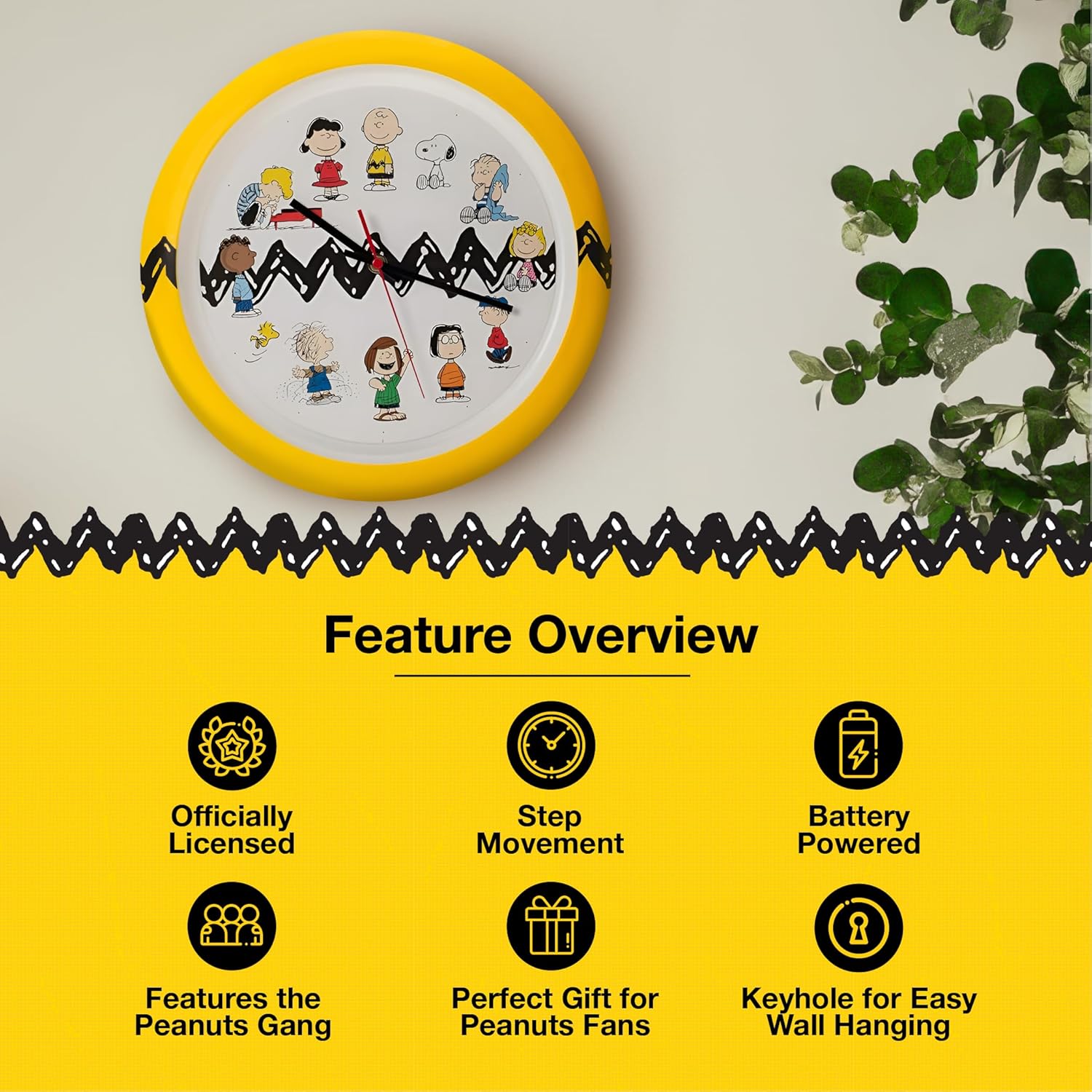 Mark Feldstein Peanuts Characters Zig Zag Wall Clock, Yellow and Black, 13 Inch