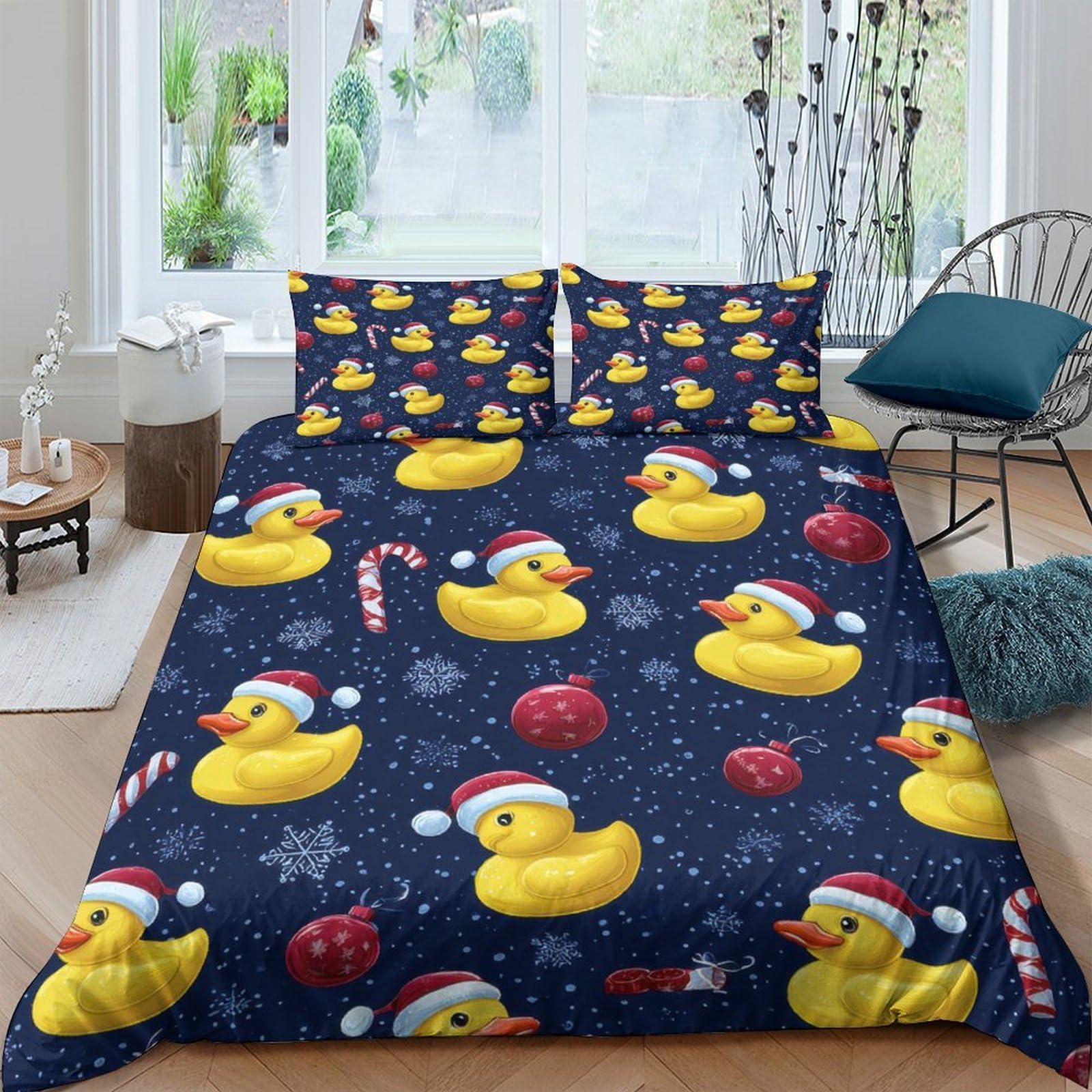 Ctjqhvkz Style-8 3D Printed Christmas Rubber Duck Fitted Sheet Microfiber Navy Blue Candy Cane Mattress Cover For Bedroom Guest Room Single（135X200cm）