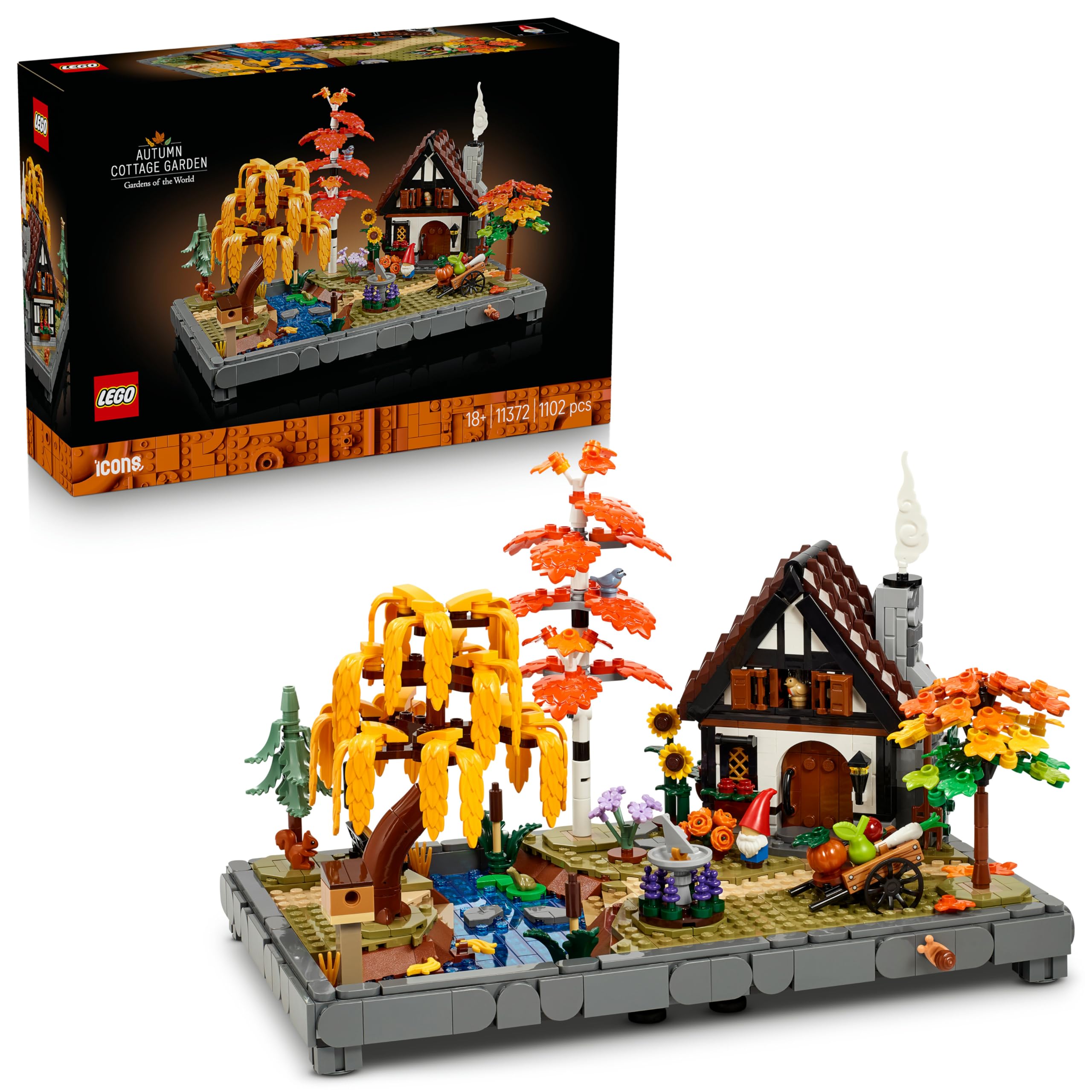 LEGO Icons Giardino Autunnale del Cottage - Costruzione per Adulti - Kit di Modellismo da Esposizione con Casa, 4 Alberi, Animali e Fiori - Decorazione Camera da Letto Fai da Te - Idea Regalo - 11372