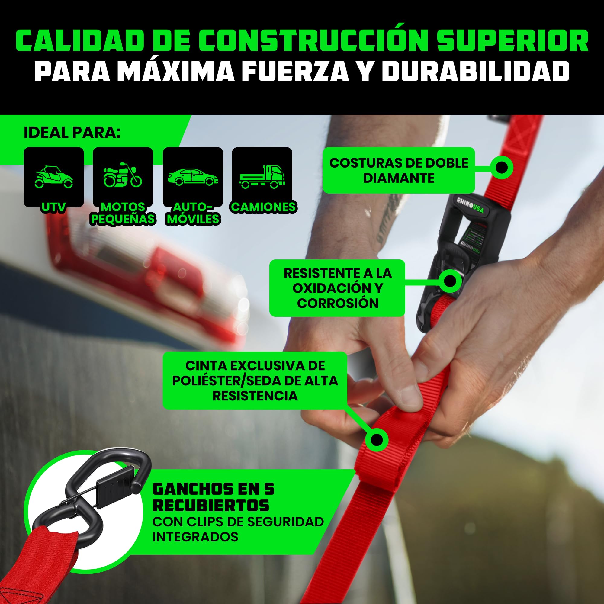 Kit de Correas de Trinquete Rhino USA Heavy Duty (Paquete de 4) - 4 cm x 2.4 m (2,000 kg de Resistencia de Rotura) - Correas de Amarre con Ganchos en S de Seguridad para ATV, UTV, Carga y Más - Rojo