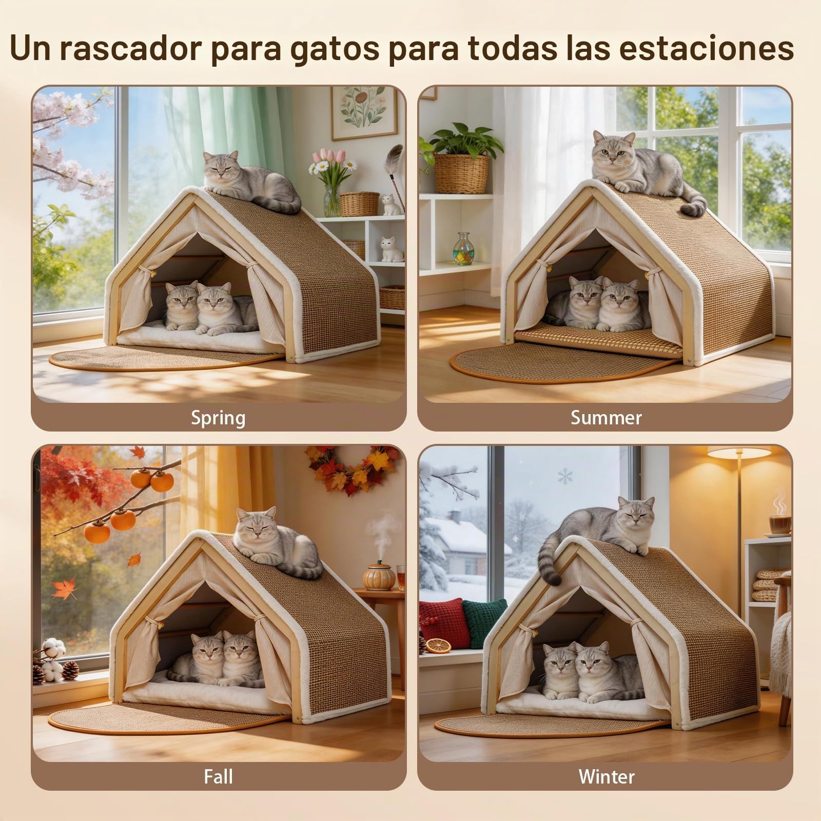 Casa para Gatos de Interior con Rascador de Sisal, Cama Gatos 2 en 1 | con Estructura de Madera, Cueva para Gatos con Cojín y Alfombrilla Rascadora, Tienda de Campaña para Gatitos