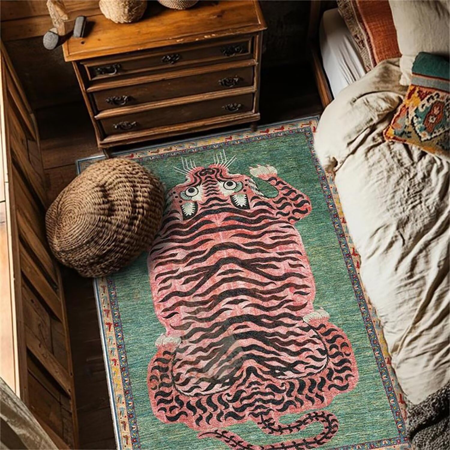 Tibetan Tiger Rug for Entryway Boho Green Tiger Area Rug Washable Leopard Print Rug for Bedroom Kitchen Non Slip Low Pile Animal Floor Mat