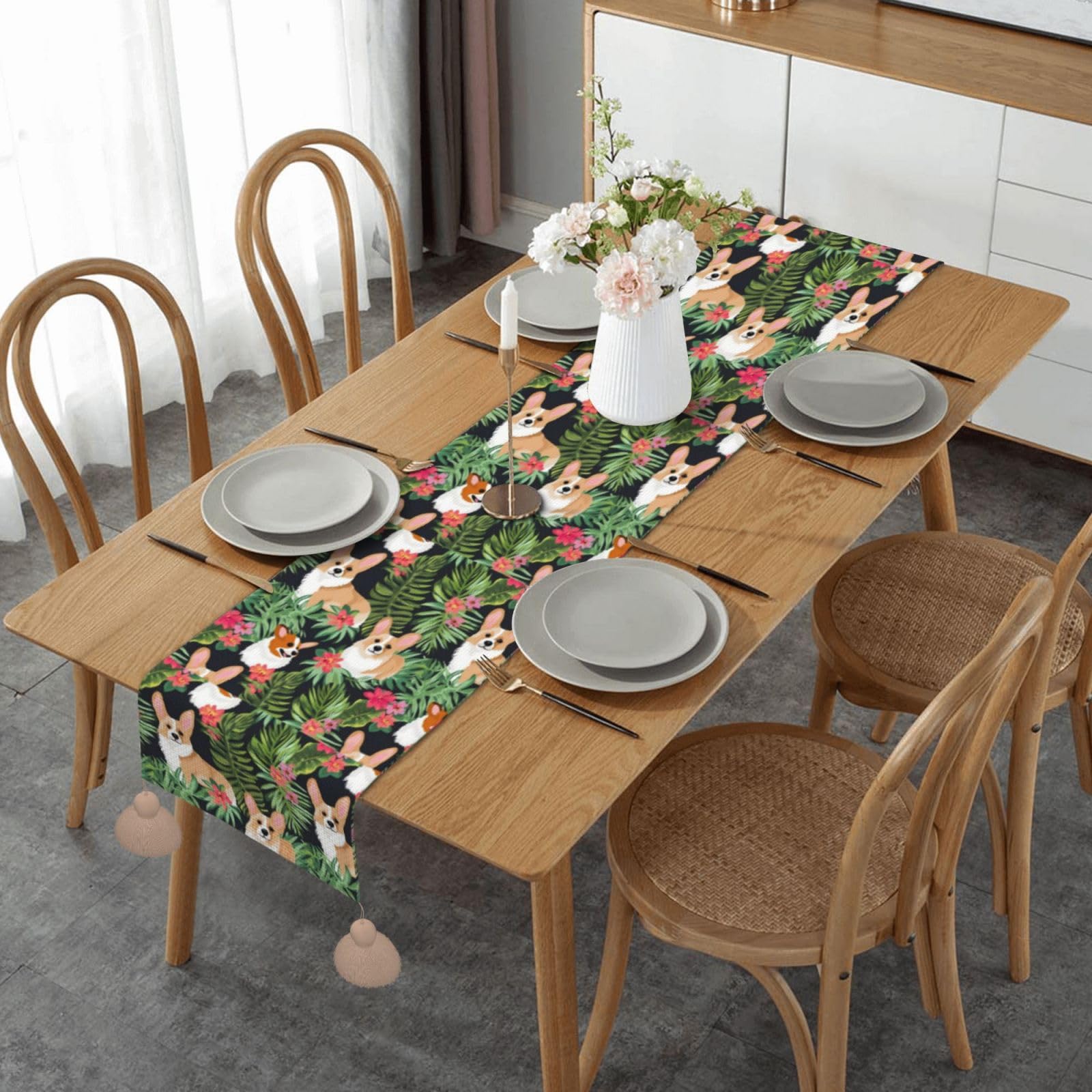 Chemin de table corgi et fleurs tropicales en lin pour décoration de Noël et table de cuisine