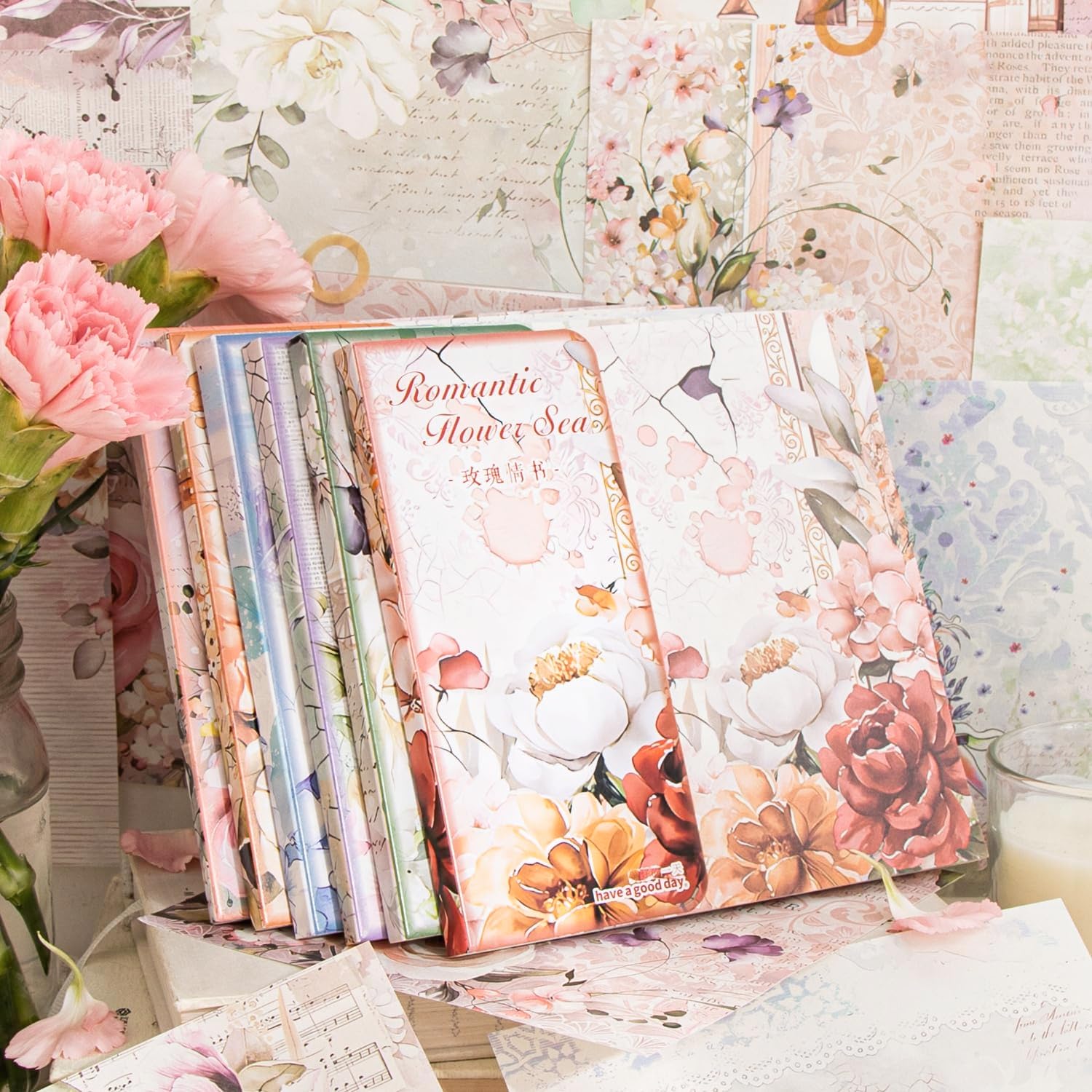 Alideco300 pcs Vintage Scrapbook Paper,Romantic Flower Sea Scrapbooking Paper for Journaling Supplies, Decorative Craft Paper for Junk Journals(langmanhuahai)