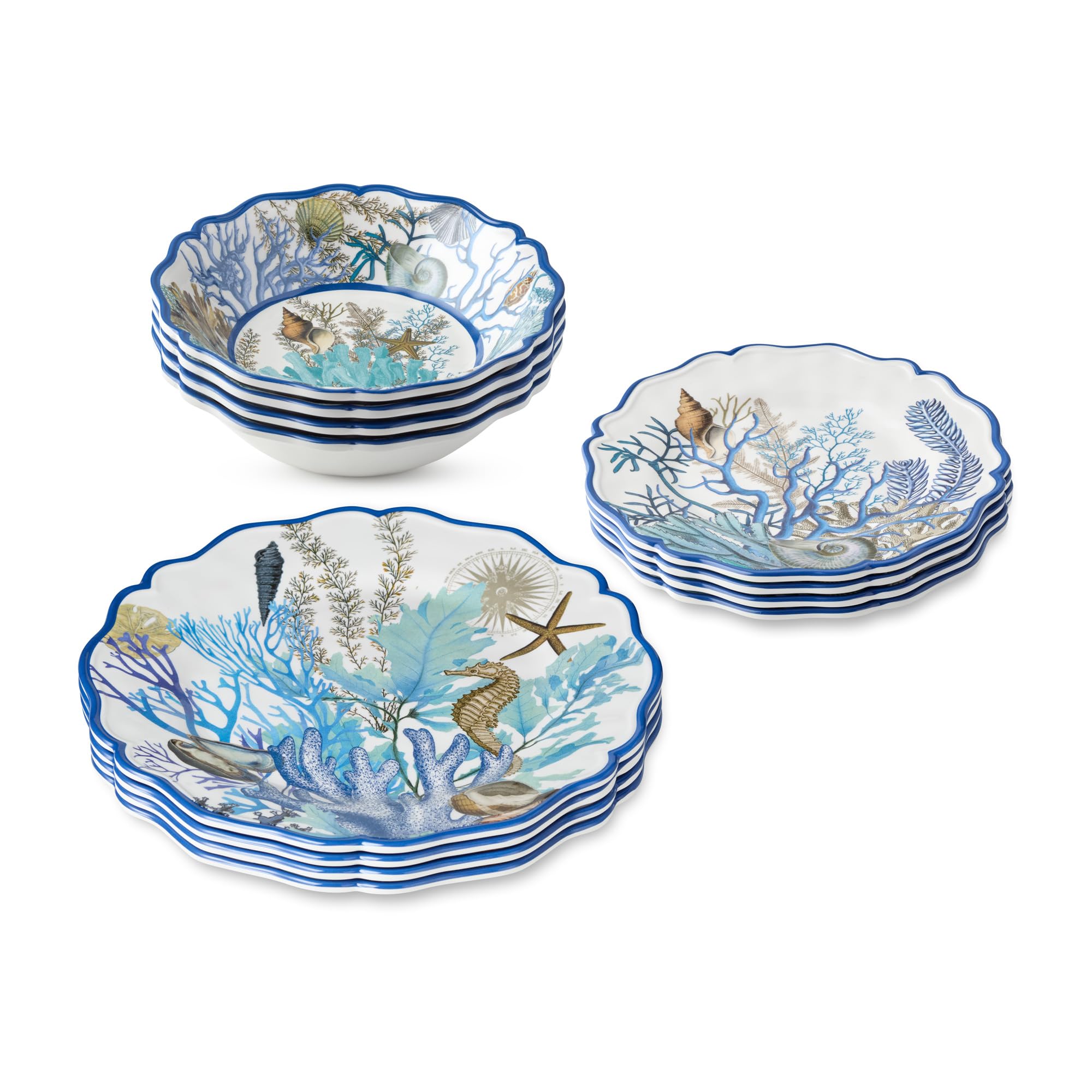 Blue Lagoon Melamin-Geschirr-Set, 12-teilig, Küsten-Korallen- und Muschel-Design, Service für 10,2–27,9 cm Speiseteller, 22,9 cm Salatteller und 800 ml Schüsseln – langlebig, leicht, BPA-frei