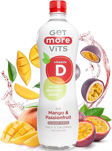 Get More Vits Flavoured Water - Mango & Passionfruit Still Water with 10ug Vitamin D & Calcium - Low Calorie, Sugar Free, & Vegetarian Spring Water for Adults & Kids - 1 Litre Bottle, Pack of 12