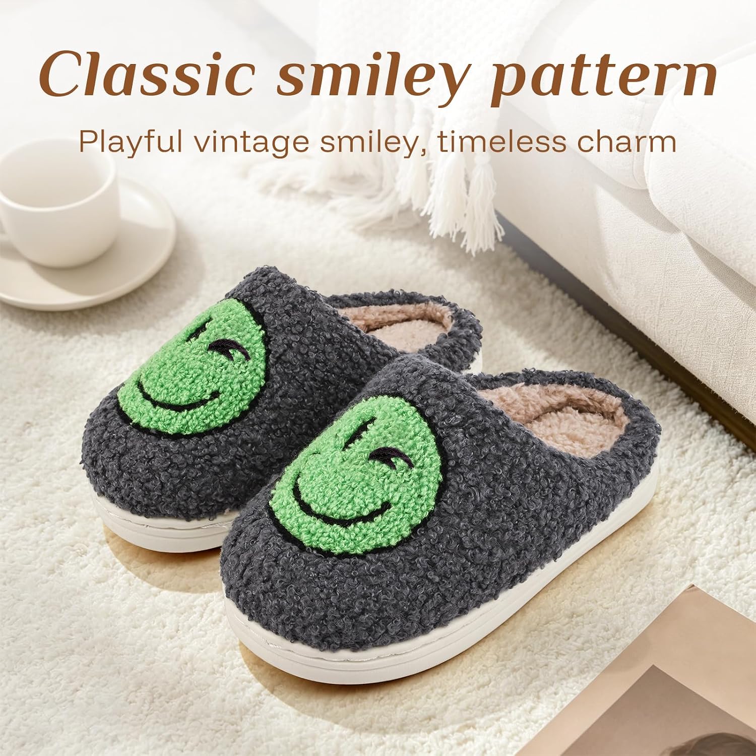 COVS Cute Kids Face Slippers for Girls Boys Soft Plush Happy Face Slippers Non-Slip House Slippers Big Kids Slippers Indoor Outdoor（Grey 34/35）