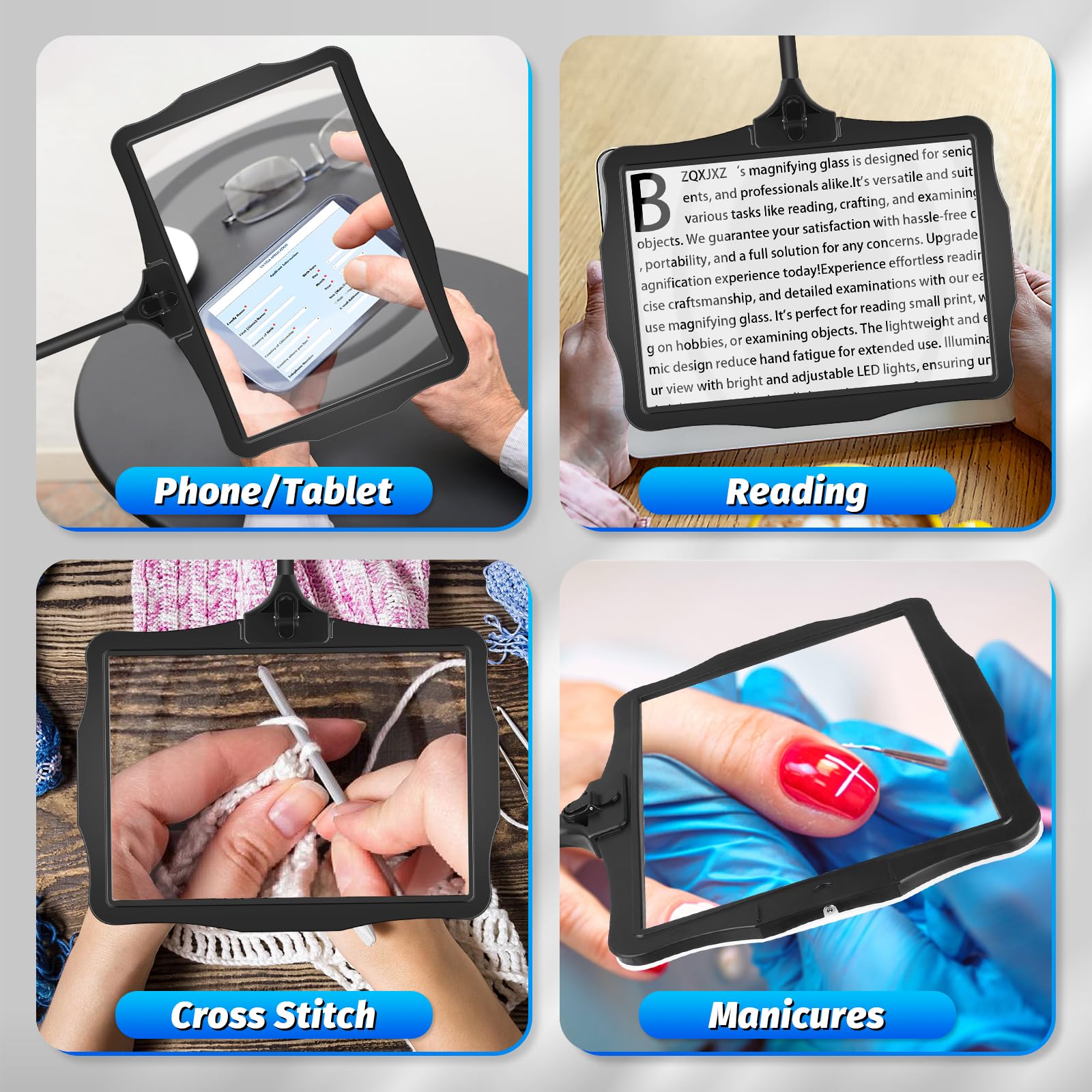 NZQXJXZ 10X Recargable Lupa con Luz y Soporte, Lámpara de Escritorio con Cuello de Cisne Flexible de 50 LED, Lupa de Página Grande para Leer, Coser, Manualidades, Pintar, Bricolaje, Trabajos de Cerca