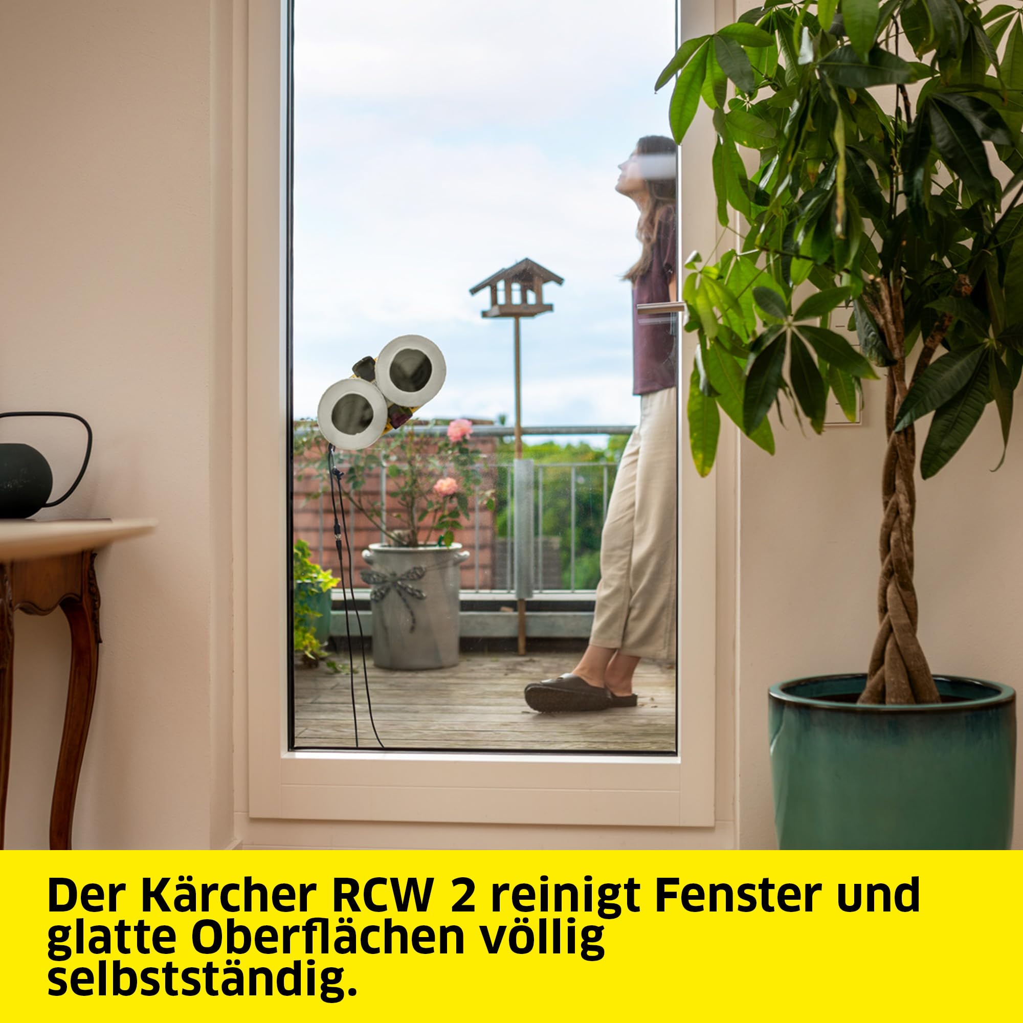 KÄRCHER Fensterputzroboter RCW 2, automatische Fensterreinigung, mit Sicherungsseil und Notversorgungs-Akku, 3 min/m², Tank: 70 ml, 5 Reinigungsmodi, Kabel: 5 m, 3 Paar Wischbezüge