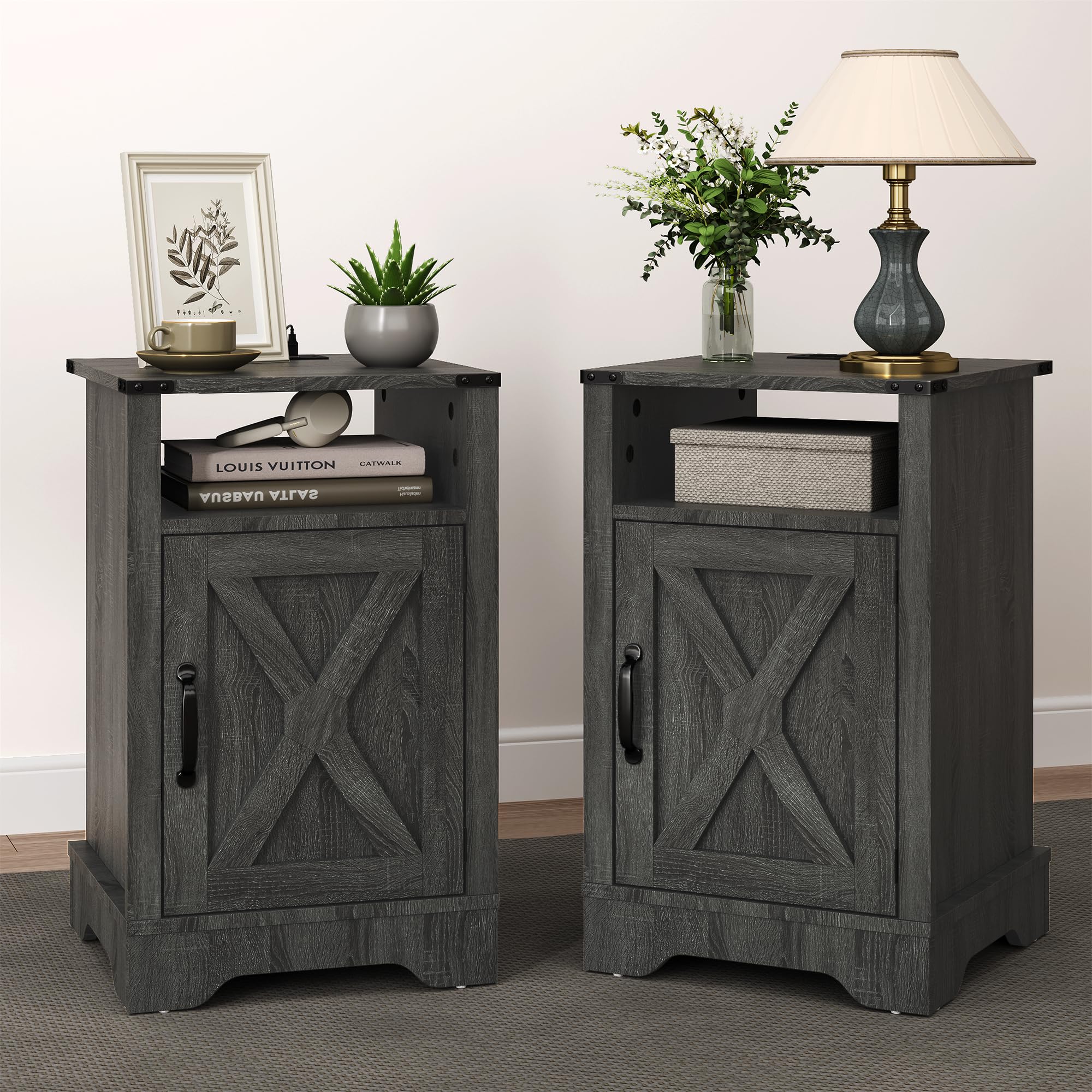 RoyalCraft Nightstand Set of 2, Grey End Table with Charging Station, Tall Farmhouse Bedside Table with Large Storage and Shelf, Wooden Side Table with for Bedroom, Home Office, Dark GreyThe Forest Stewardship Council