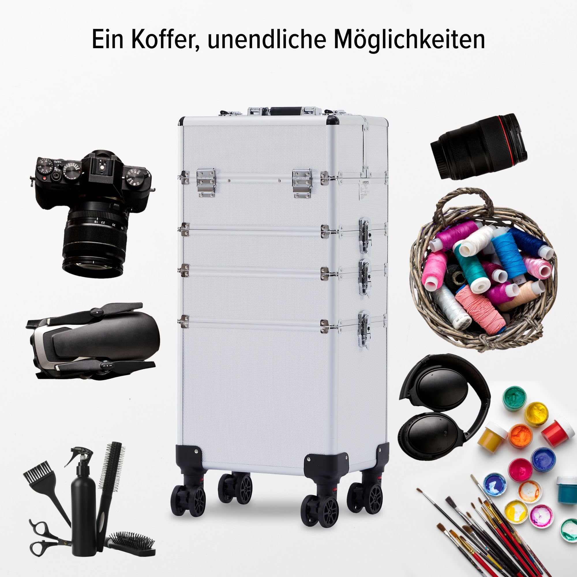 Arebos 4-in-1 Kosmetikkoffer | 4 Fächer & 1 Schublade | Teleskop- und Tragegriff | 8 Schlösser | 4X 360°-Rollen | Samtfutter | Trolley | Make-Up Koffer | Silber
