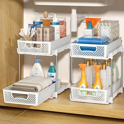Miniatura 9 de DABIGE 2 organizadores y almacenamiento de baño de 3 niveles, organizador extraíble para debajo del fregadero con divisores, organizadores y