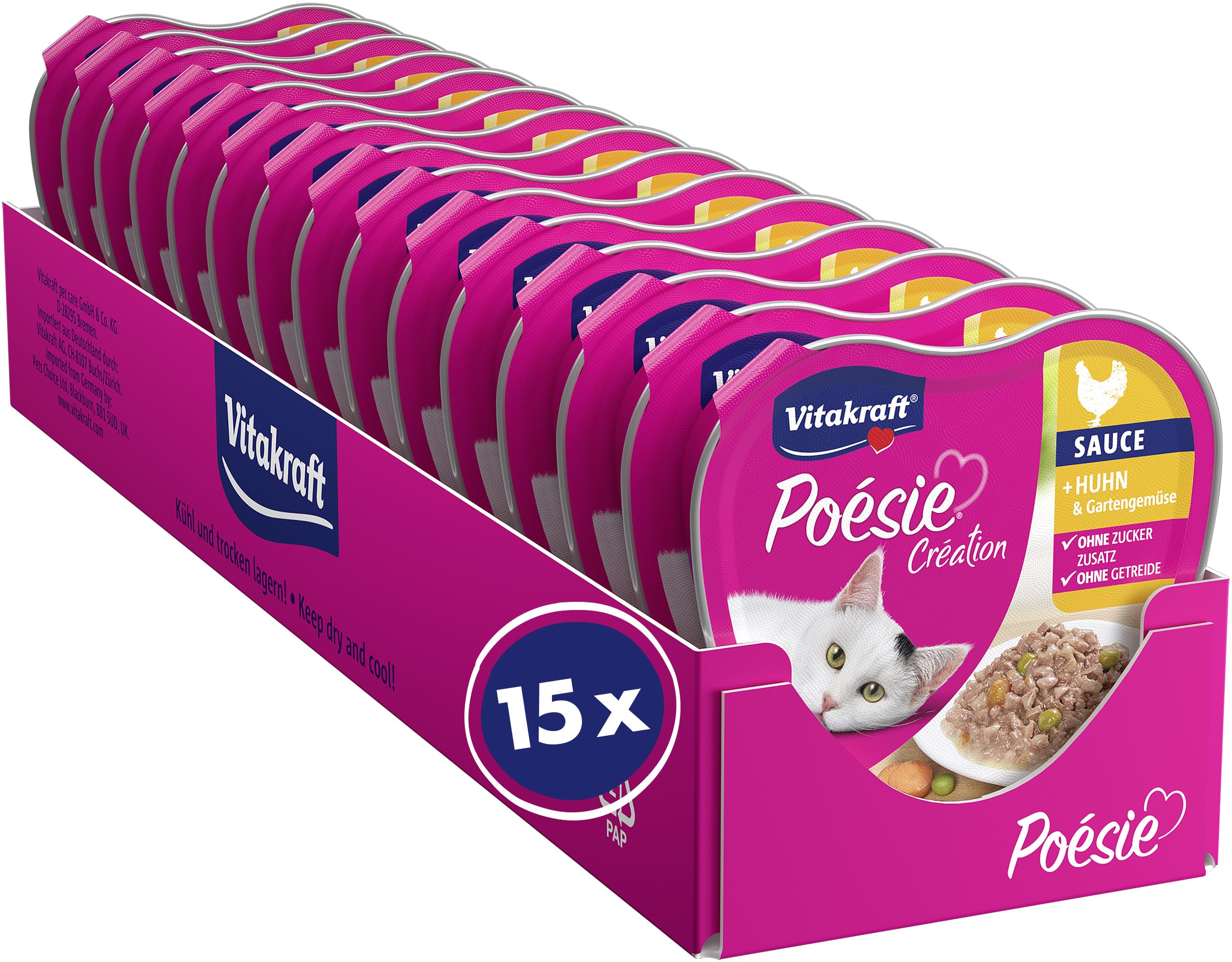 Vitakraft Poésie Création, Nassfutter Katze, Katzennassfutter in Sauce, mit Huhn und Gartengemüse, Vorratspackung, ohne Zusatz von Zucker und Getreide (15x 85g)
