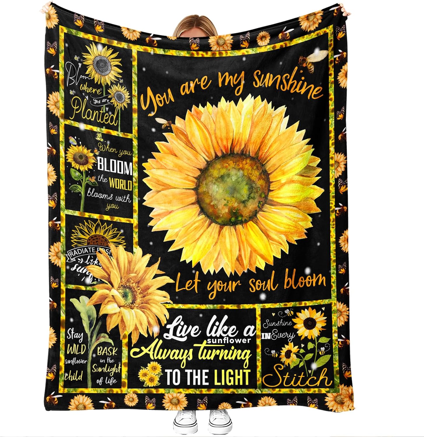 Sunflower Throw Blanket Gift for Women, Inspirational Quote Floral Decor for Living Room Bedroom, Cozy Soft Lightweight Couch Bed Sofa Accent, Yellow Home Decor, 50'' x 60''