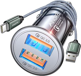AINOPE Fast Car Charger Adapter, 36W Super Mini USB Car Charger Fast Charging [with 3.3ft USB C Cable] Dual QC3.0 All Metal Phone Charger Car Compatible with S21/S20/S10/S9, iPhone 13/12/11 pro/X/8