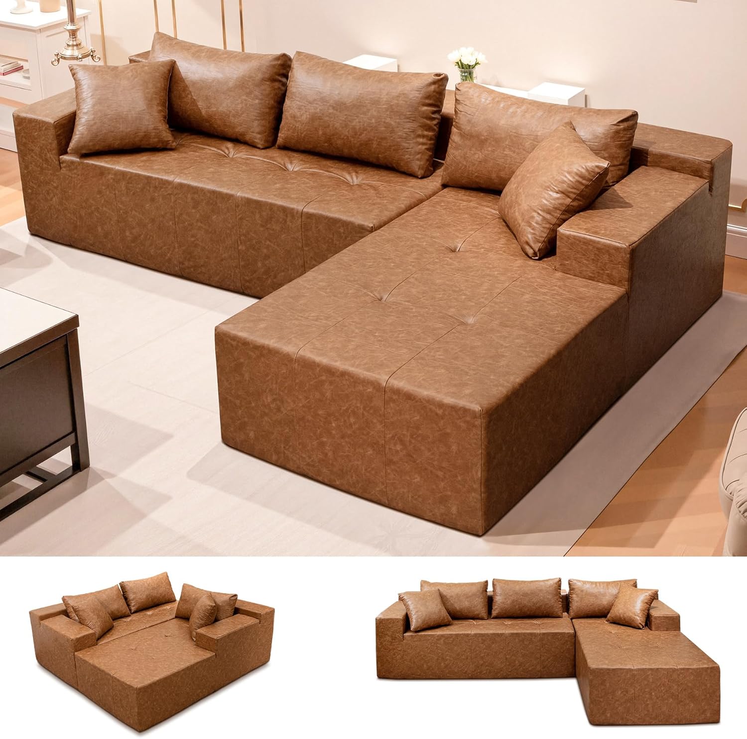 104" Modular Sectional Sofa Cloud Couch, Modern Comfy L Shaped Boneless Couch for Living Room, Cozy Corduroy Deep Seat Floor Sofa, Memory Foam, No Assembly Required