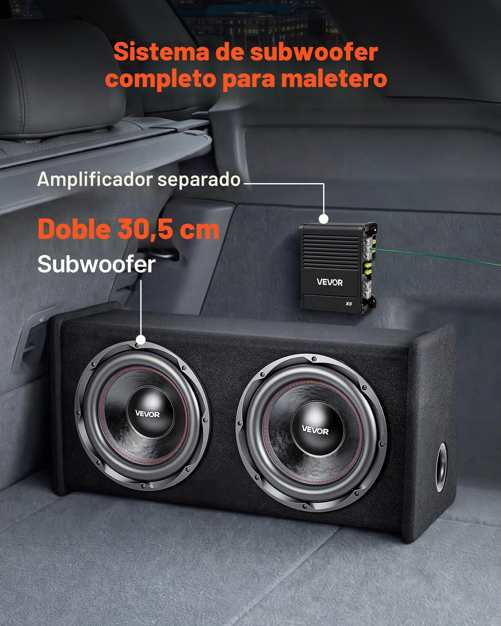 VEVOR Paquete de Subwoofer y Amplificador 490W RMS 305 mm, Subwoofer Dual con Carcasa, Amplificador Independiente y Juego de Cableado, para Maleteros de Vehículos y Sistemas de Audio de Coche