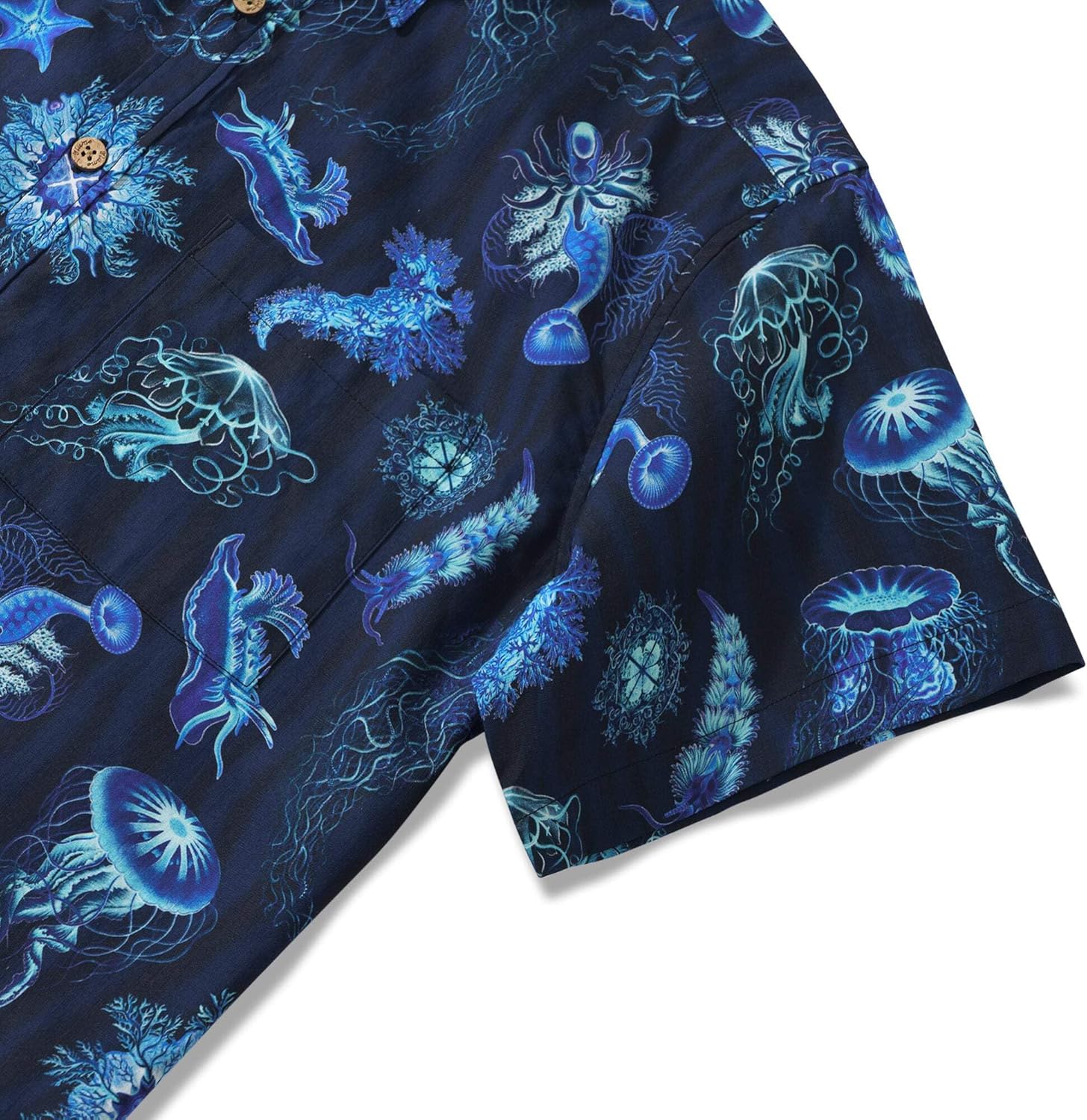 Symphony of The Deep Blue 100% Cotton Men's Short Sleeve Button-Down Shirt Blue Aloha Hawaiian