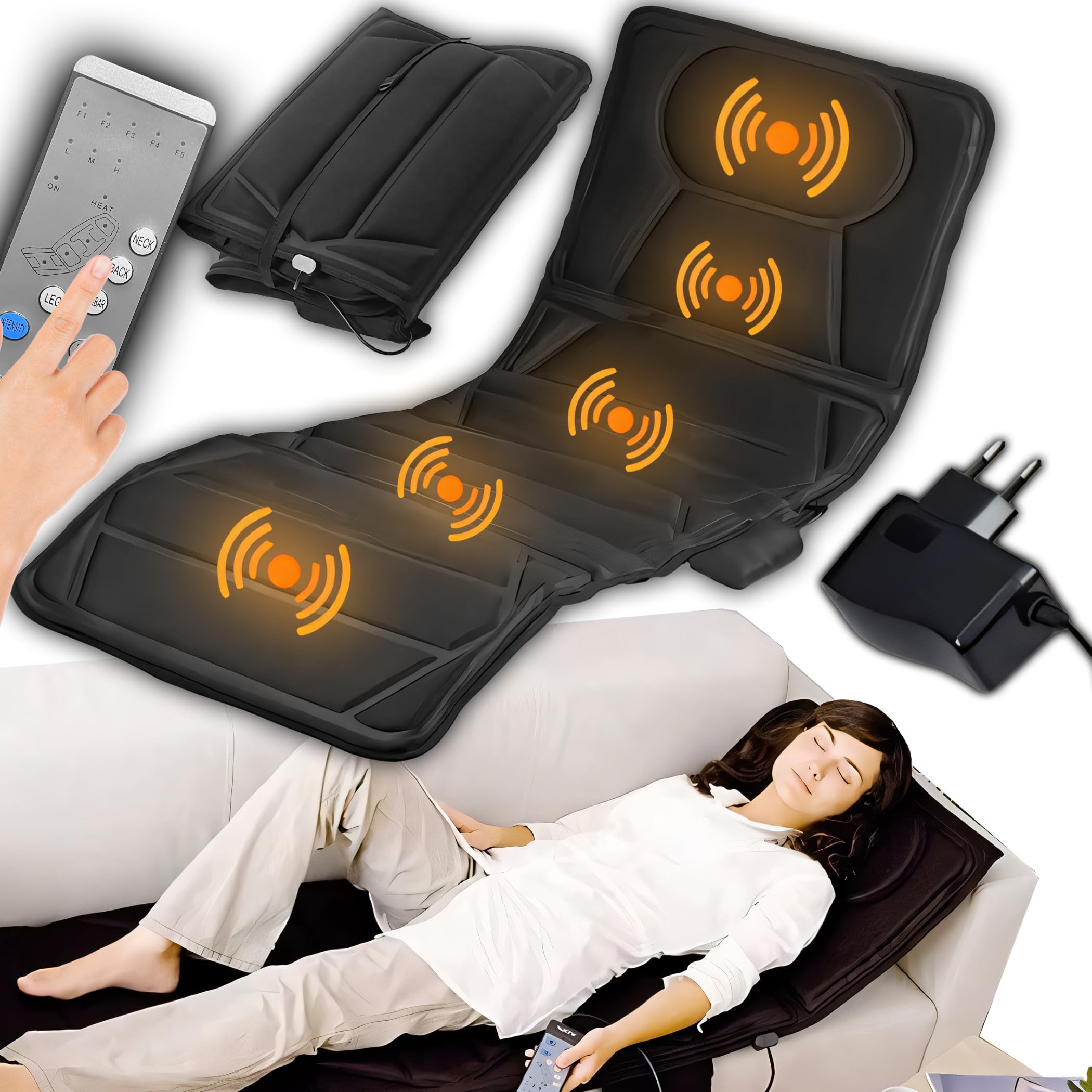 Retoo Massagematte elektrisch, 165 x 57 cm Größe und Leistung 18W, Vibrationsmatte mit Wärmefunktion und 3 Intensitätsstufe, 4 Zonen Massagematratze, 16 Motoren Vibrations, 5 Massagearten