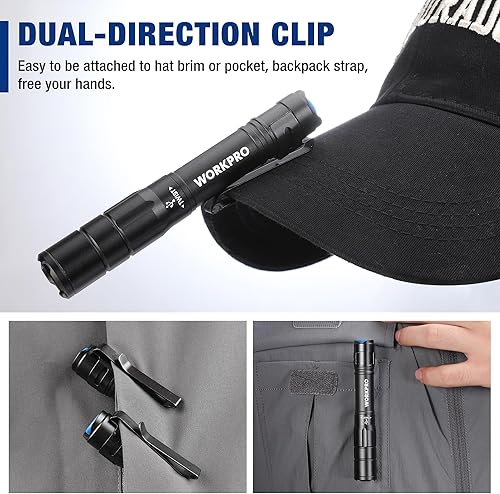 Miniatura 5 de WORKPRO Luz recargable para bolígrafo, mini linterna, paquete de 2 linternas EDC ultracompactas, linterna de bolsillo con clip, función de memoria y