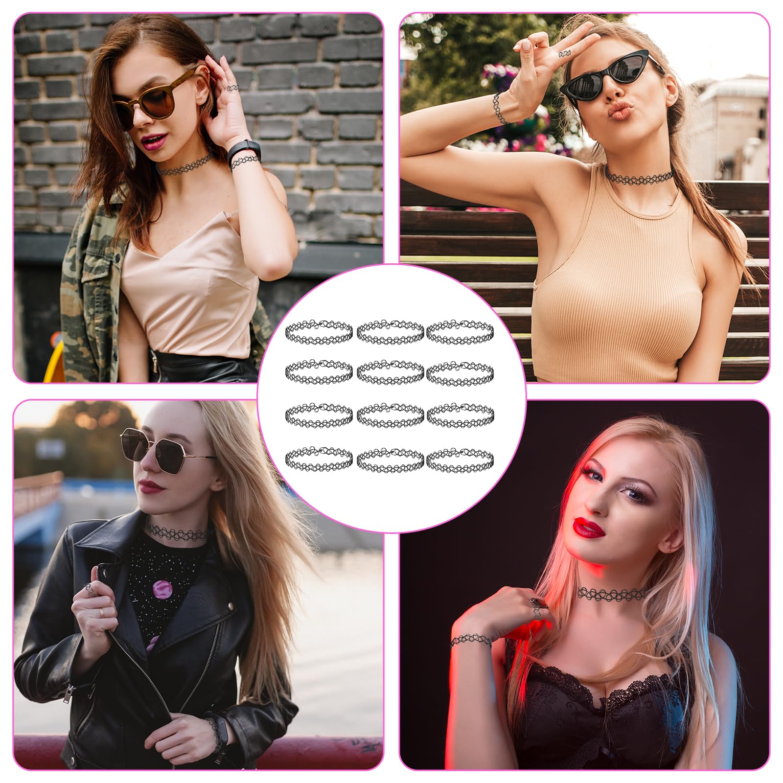 Andibro 12 sztuk zestaw rozciągliwych naszyjników, 4 zestawy rozciągliwe naszyjniki choker z tatuażem, bransoletki, pierścionki damskie, vintage punk gothic, naszyjnik z tatuażem, gumowy, z lat 90