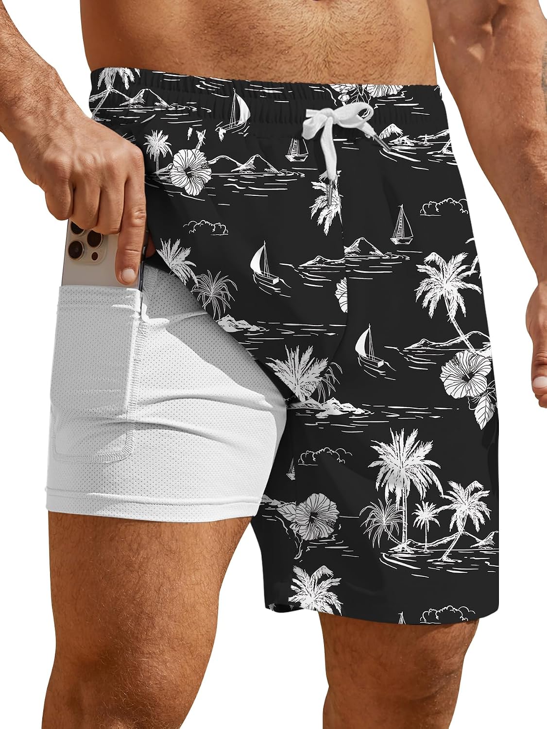 Hardaddy Men's 2 in 1 Swim Trunks with Compression Liner Beach Board Shorts with Pockets
