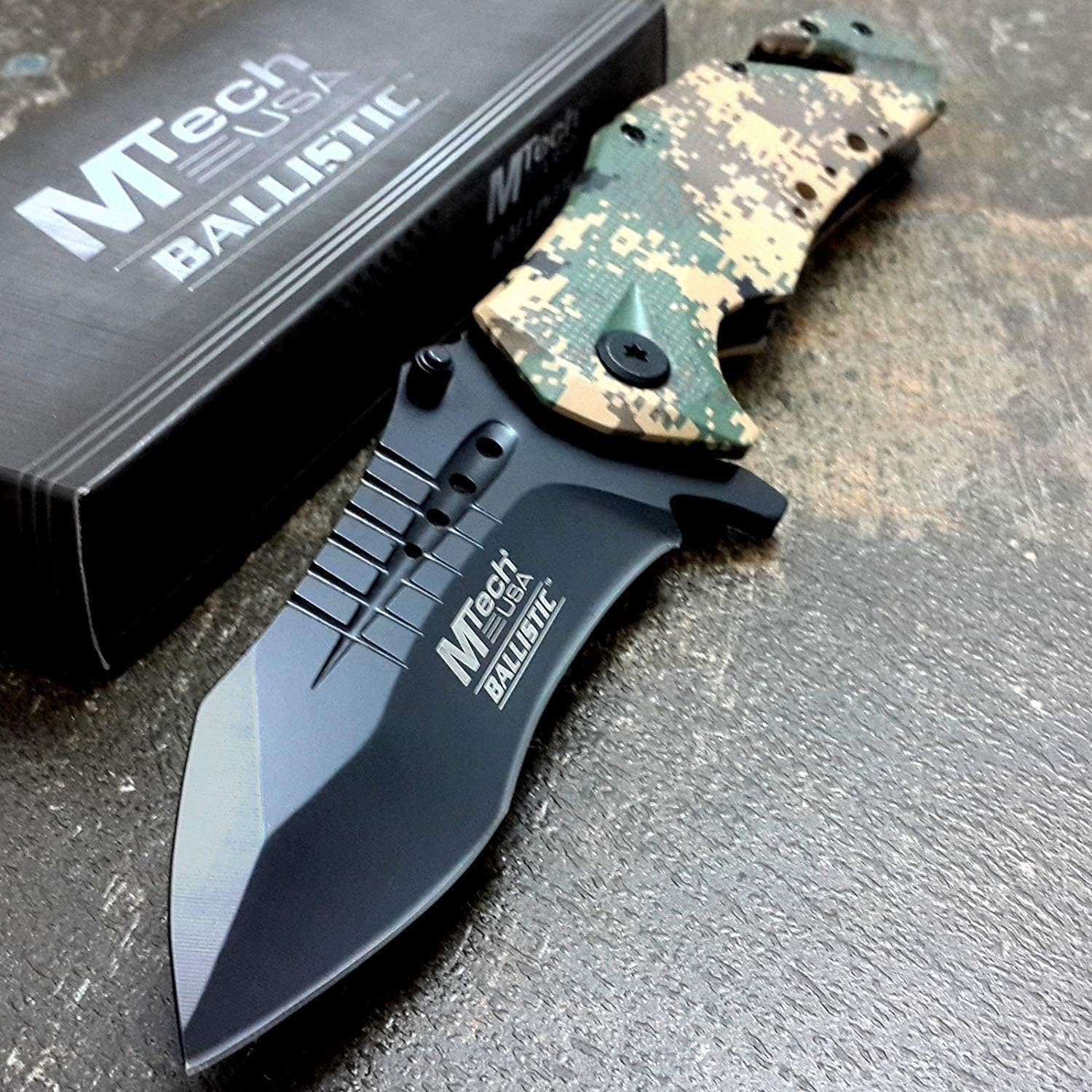 Ballistic MT-A845 Series Spring Assist Folding Knife, Black Blade, 5-Inch Closed (Green Camo)