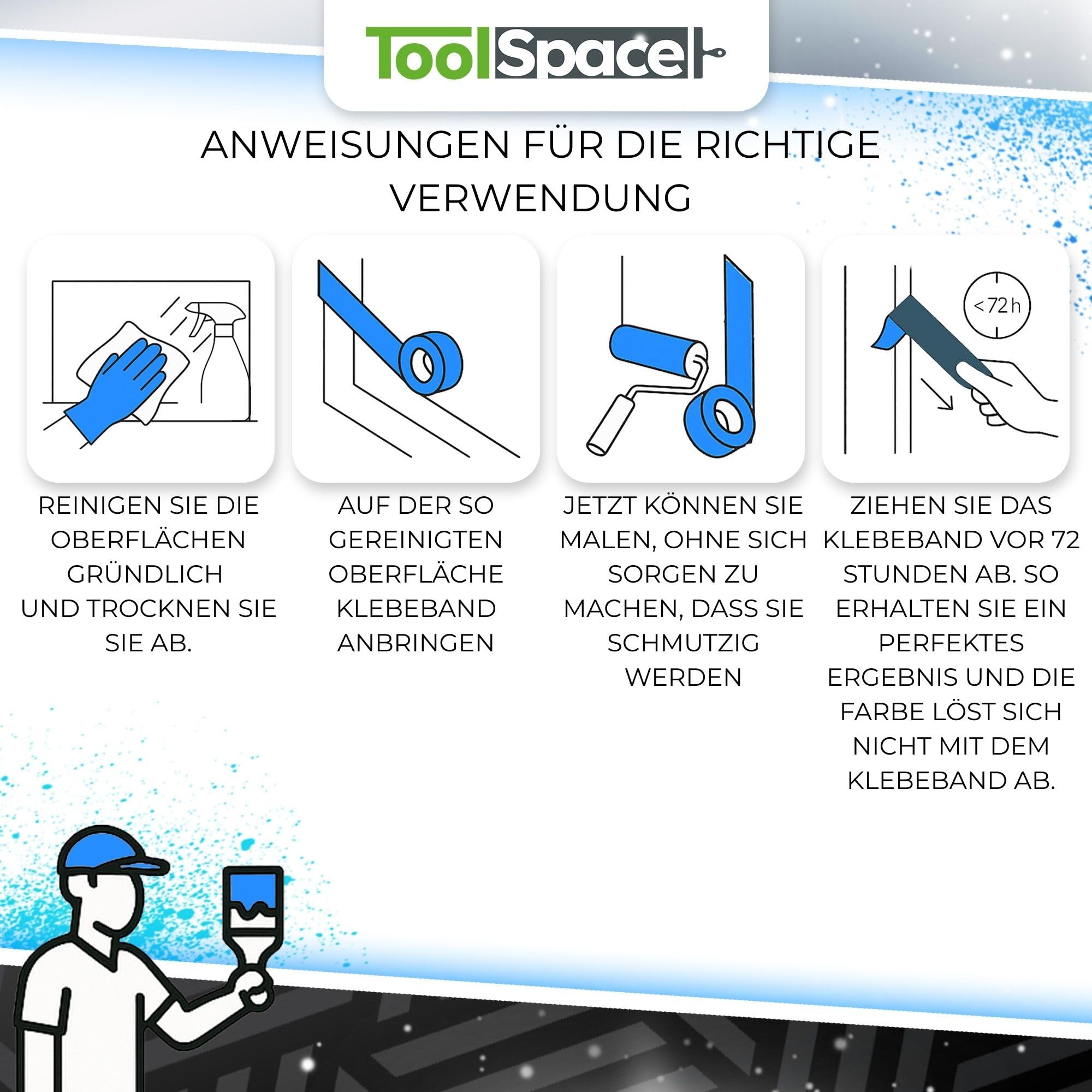 ToolSpace Nastro Carta Blu con Adesivo per Decorazioni - Scotch en Rotoli 38 mm / 50 m per Biancare Mascheratura Precisione - per Pittura Verniciatura Ristrutturare - 6 x 150 m Applicatorecarta