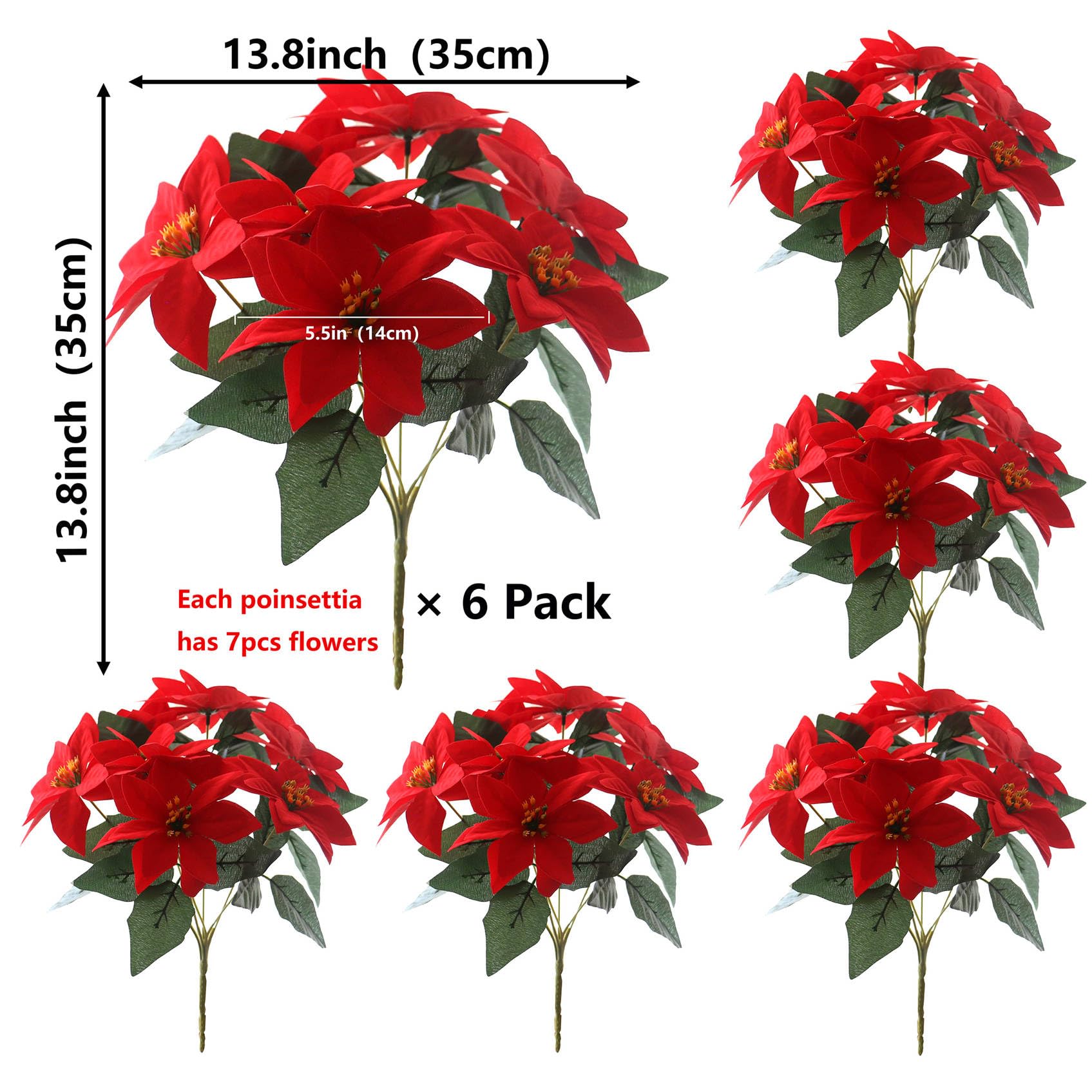6 Bouquets Christmas Poinsettia Flowers Artificial Flowers for Outdoor Indoor Decoration 35cm Red Poinsettia Flower with 7 Stems 42 Poinsettia Flowers for Porch Pot Vase - Image 3
