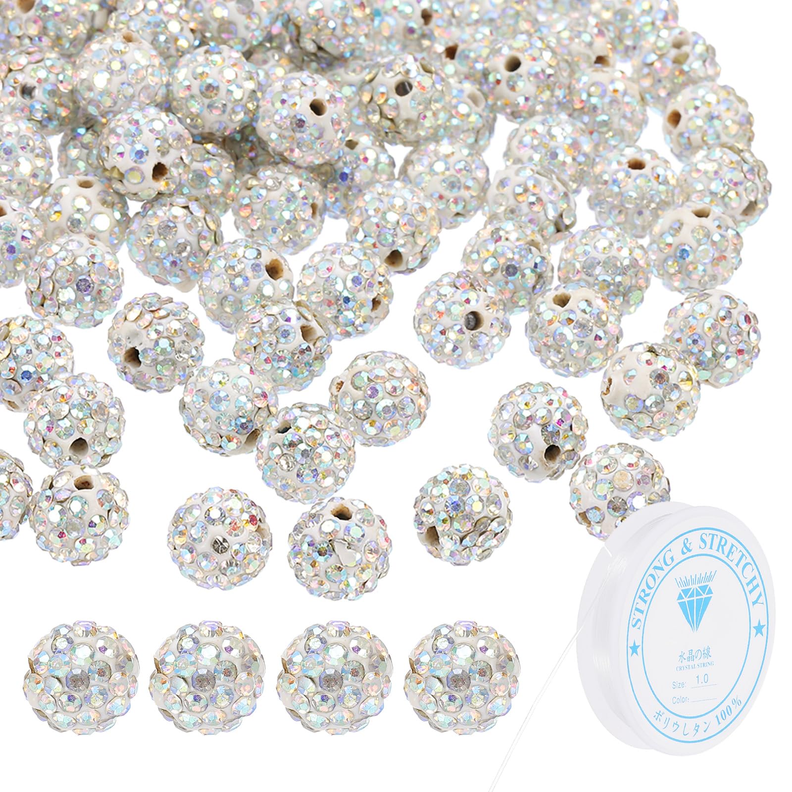 PATIKIL 10mm Rhinestone Clay Beads for Jewelry Making 120 Pack Round Ball Polymer Clay Crystal Charm Beads with Elastic String for Craft Decor Necklace Chain Bracelets DIY Colorful White