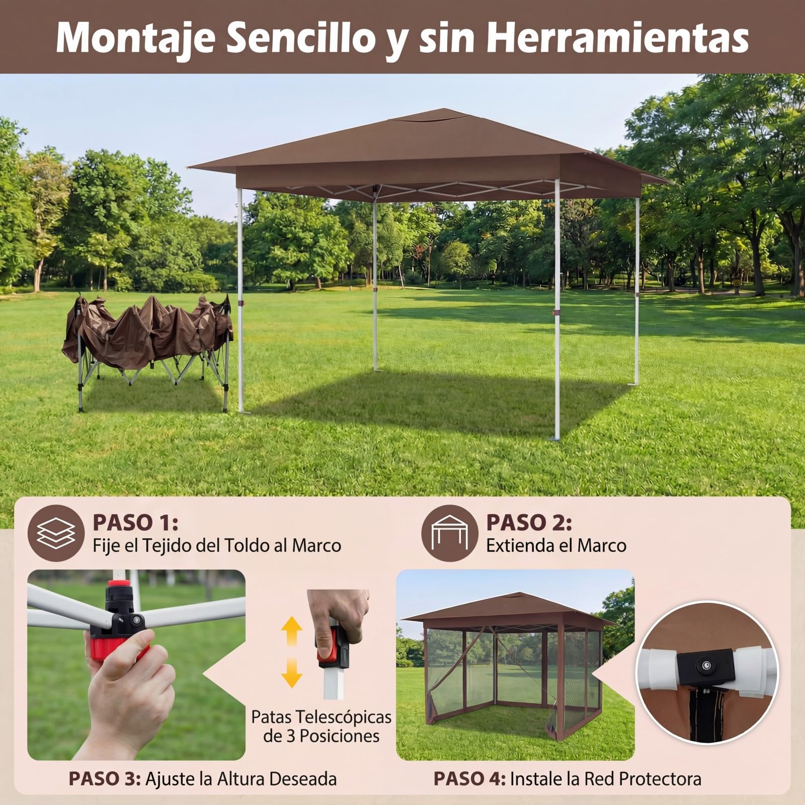 GOPLUS Carpa Plegable 3,5x3,5 cm, Cenador Pop-up de Jardín con 4 Mosquiteras Extraíbles, Altura Ajustable, Bolsa de Transporte, Protección Solar, Gazebo para Fiestas (Marrón,con Mosquiteras)