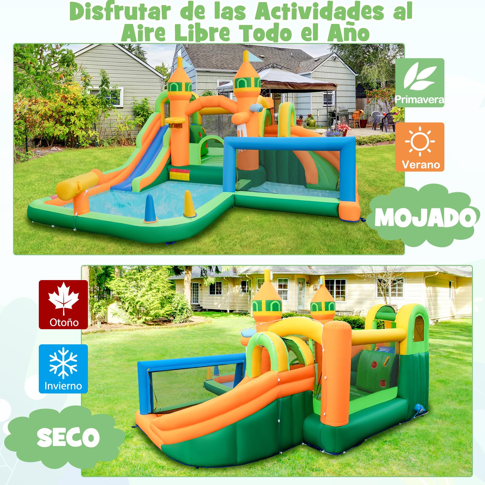 GOPLUS Castillo Hinchable 9 en 1 con 2 Toboganes, Piscina, Aro de Baloncesto, Juego de Gancho, Zona de Rebote, Pistola de Agua, Pared de Escalada, Casa de Salto Húmeda y Seca (sin Soplador)