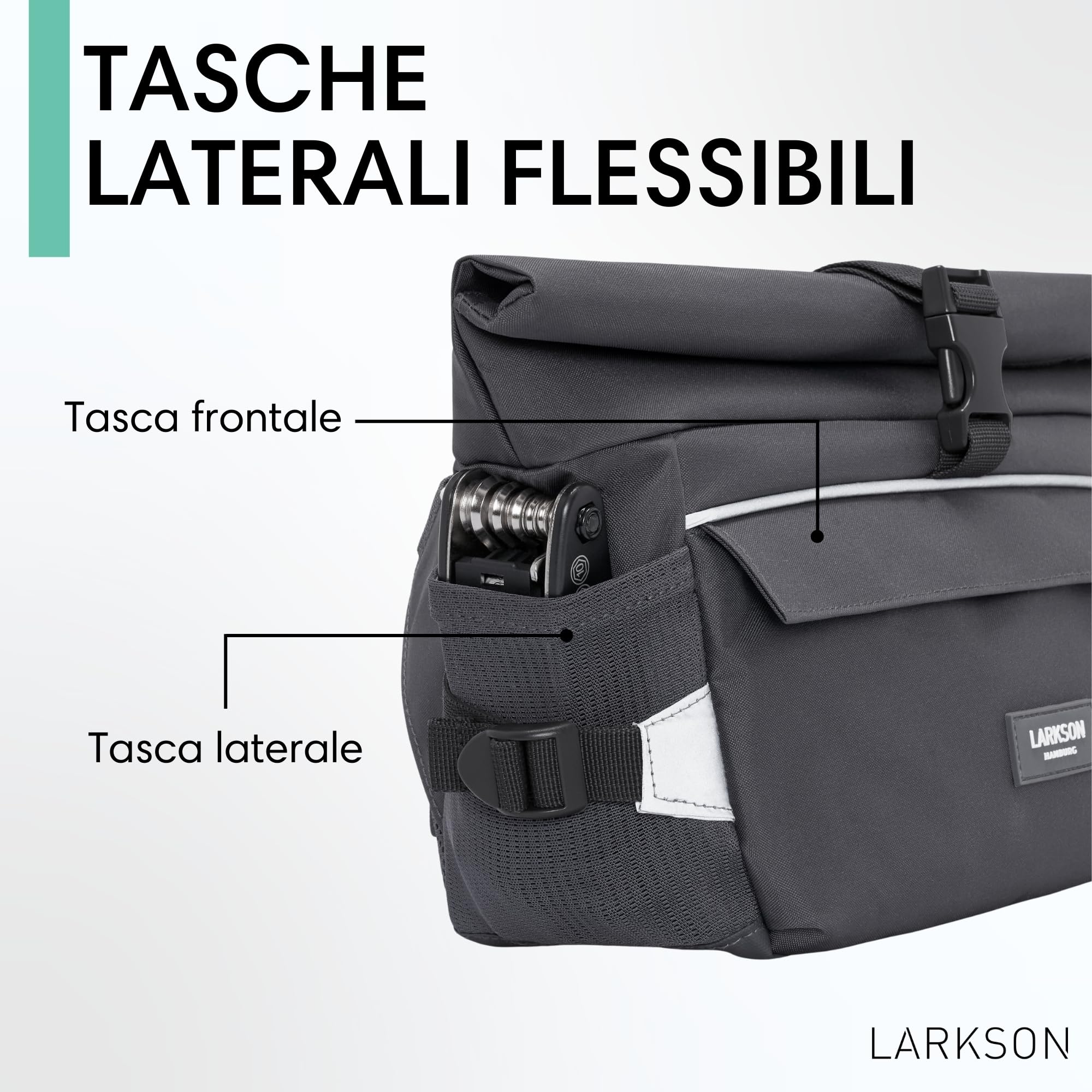LARKSON Borsa Manubrio Bici Grigio - Lasse - 2 in 1 Borsa Bicicletta e Tracolla - Borsa Bikepacking per Manubrio Anteriore con Riflesso - Idrorepellente