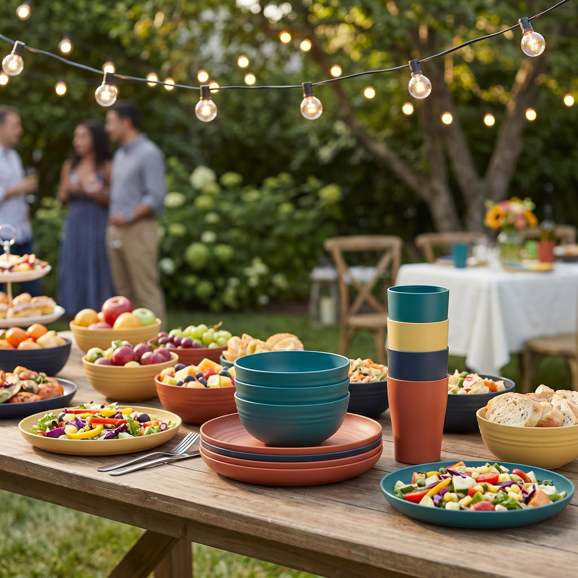 Service de table 32 pièces en plastique incassable - Assiettes plates, assiettes à salade, bols et tasses pour camping, pique-nique et fête, passe au micro-ondes et au lave-vaisselle