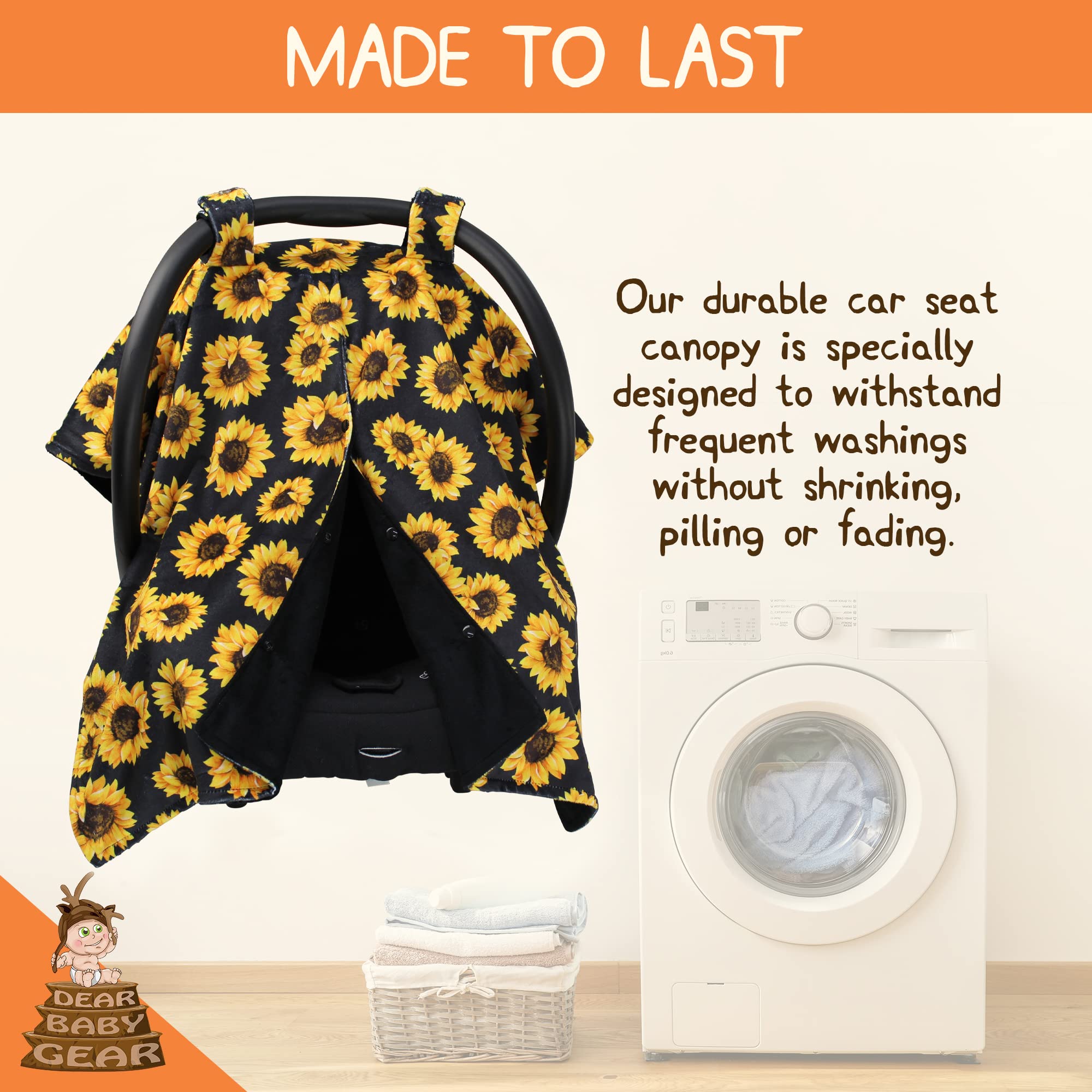 Dear Baby Gear Deluxe baldachim na fotel samochodowy, podwójna warstwa Minky, żółte słoneczniki na czarnym, czarny Minky gładki, 102 x 76 cm