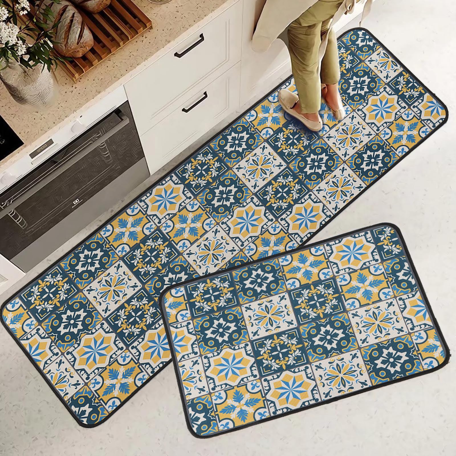 Lot de 2 tapis de cuisine vintage antidérapants lavables anti-fatigue 40 x 60 + 40 x 120 cm