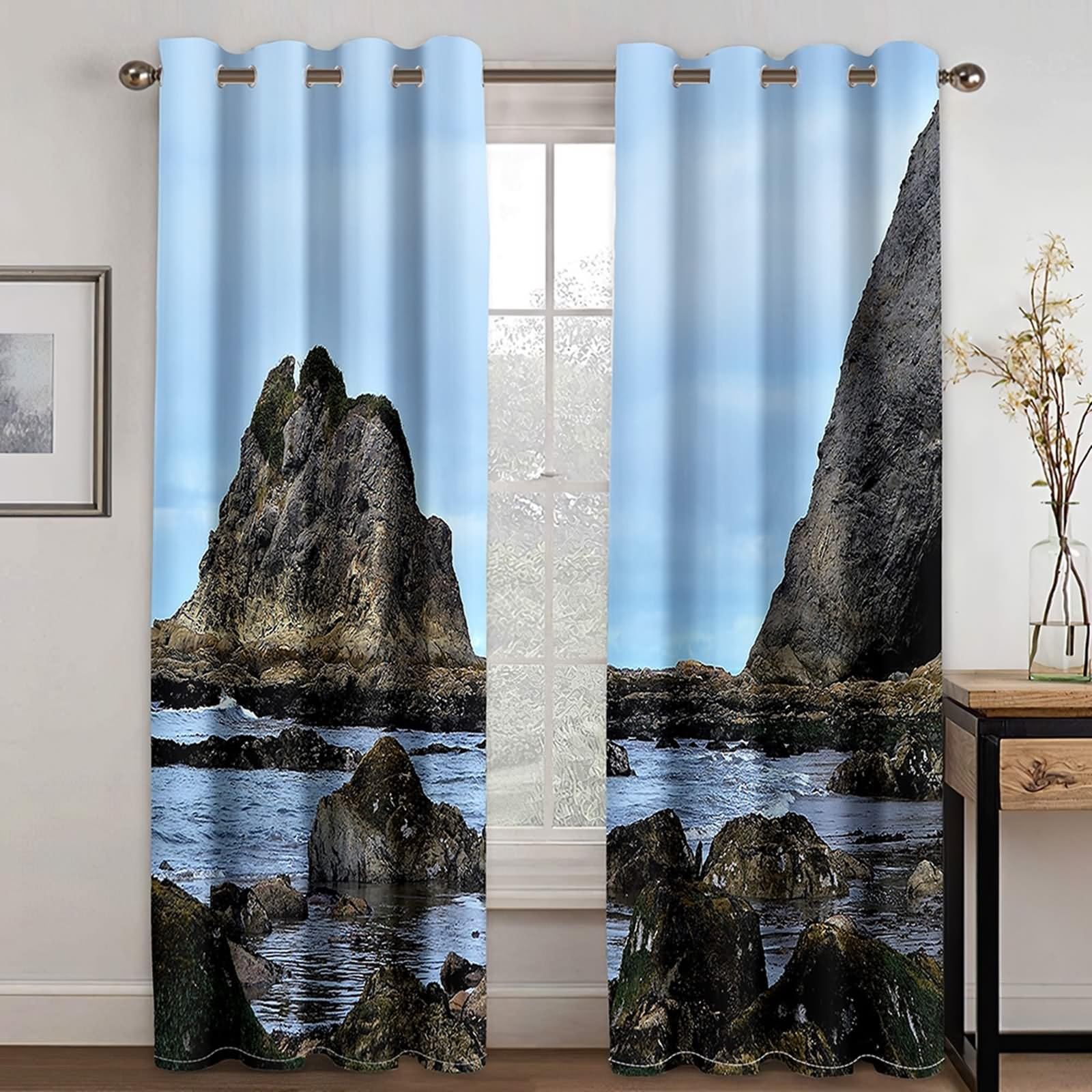 Rideau Fenetre Longue, Rideau de Cuisine Occultant Multicolore Paysage Océanique Rocheux Polyester 2 Panneaux 428x183cm