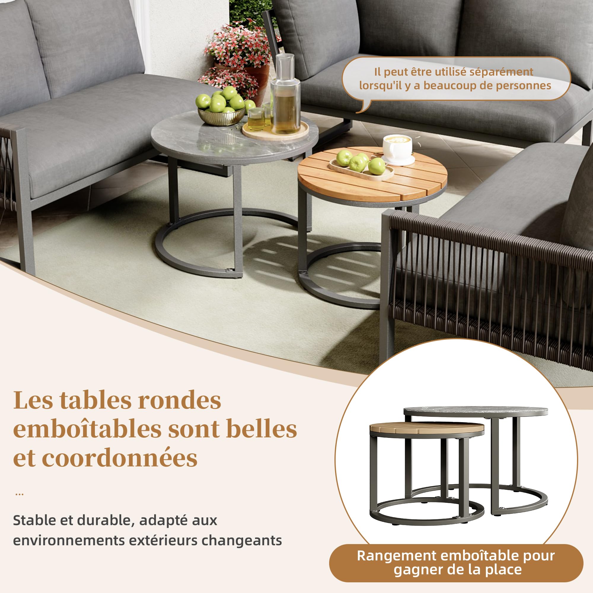 Salon de Jardin 6-7 Personnes Aluminium Galvanisé, Ensemble Canapé d’Angle avec 2 Tables Coussins Inclus, Mobilier Outdoor Résistant Terrasse Jardin (Gris-5, 6 Places)