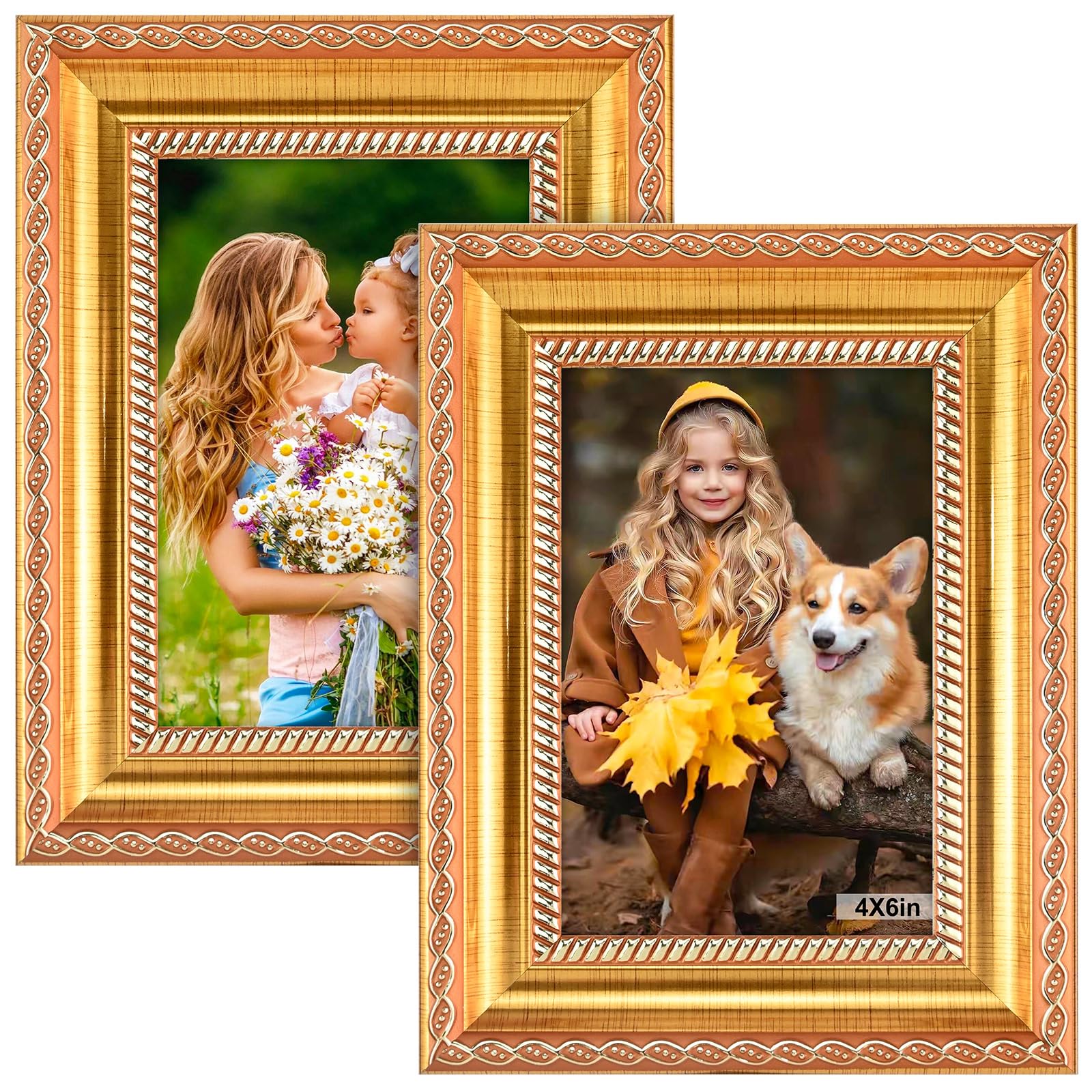 6x4 Picture Frames - 2PCS 4x6 Vintage Picture Frames Stand Free-standing Horizontally & Vertically Vintage Photo Frames for Home Office Living Room Décor (Gold)