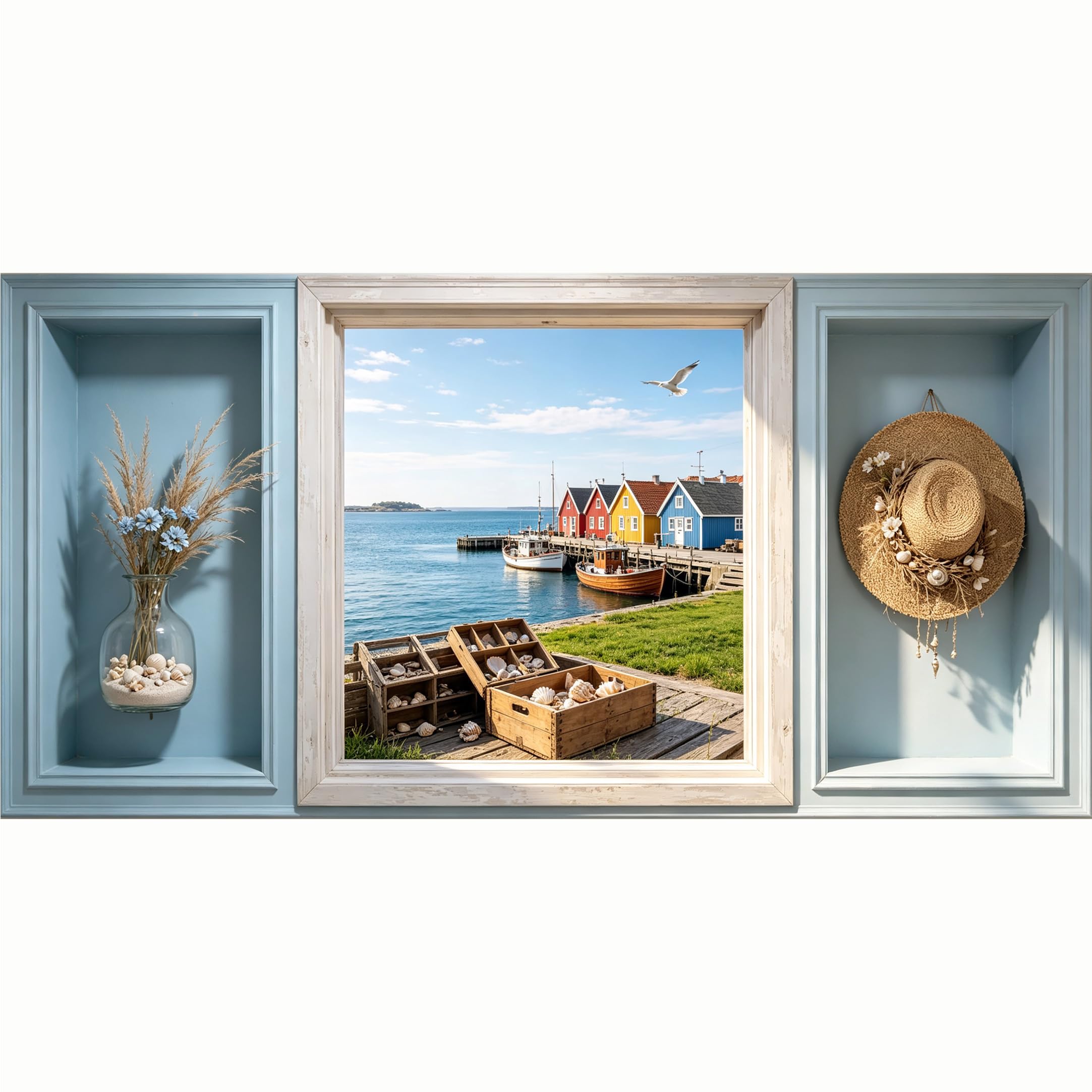 QZLITHOTIC 50x100cm 3D Framed Wall Art， Coastal Scenery Fishing Village Harbor SelfAdhesive Mural， Water‑Activated Peel & Stick Fabric Decor Wall Decal for Bedroom Living Room