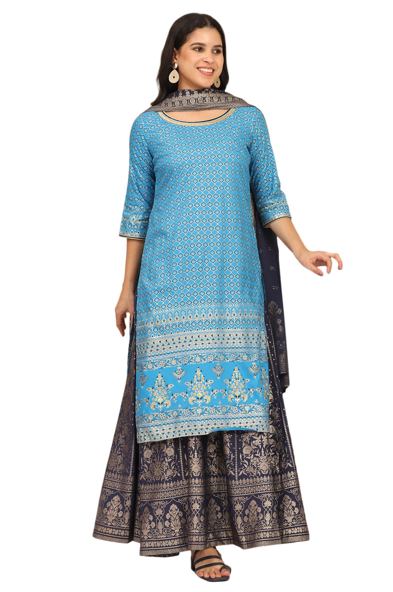 Women's Blue Foil Printed Straight Kurta and Skirt Set with Dupatta