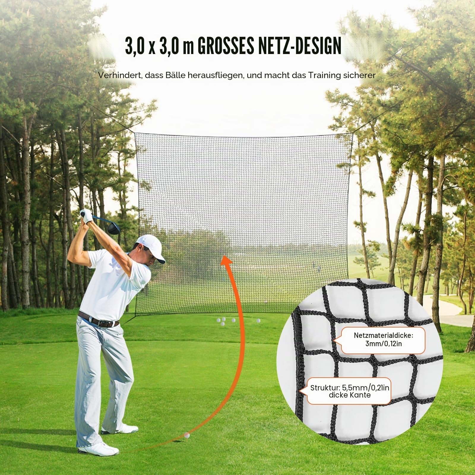 VEVOR Golfnetz, 3 x 3 m Golf-Übungsnetz, Indoor-Schlagnetz für Golf, Baseball, Hockey, Fußball, strapazierfähiges DIY-Ballnetz aus Nylon, Sportnetzbarriere für Fahrtrainingsschwung im Hinterhof (nur N
