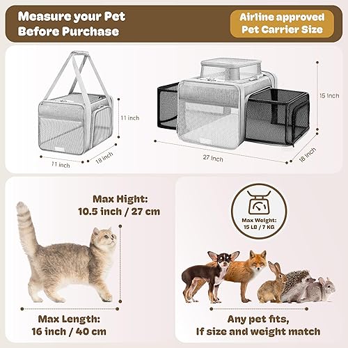 Miniatura 4 de Transportador de gatos extensible superior y de 2 lados de 17 x 11 x 11 pulgadas, aprobado por la aerolínea TSA, para perros medianos, transportador
