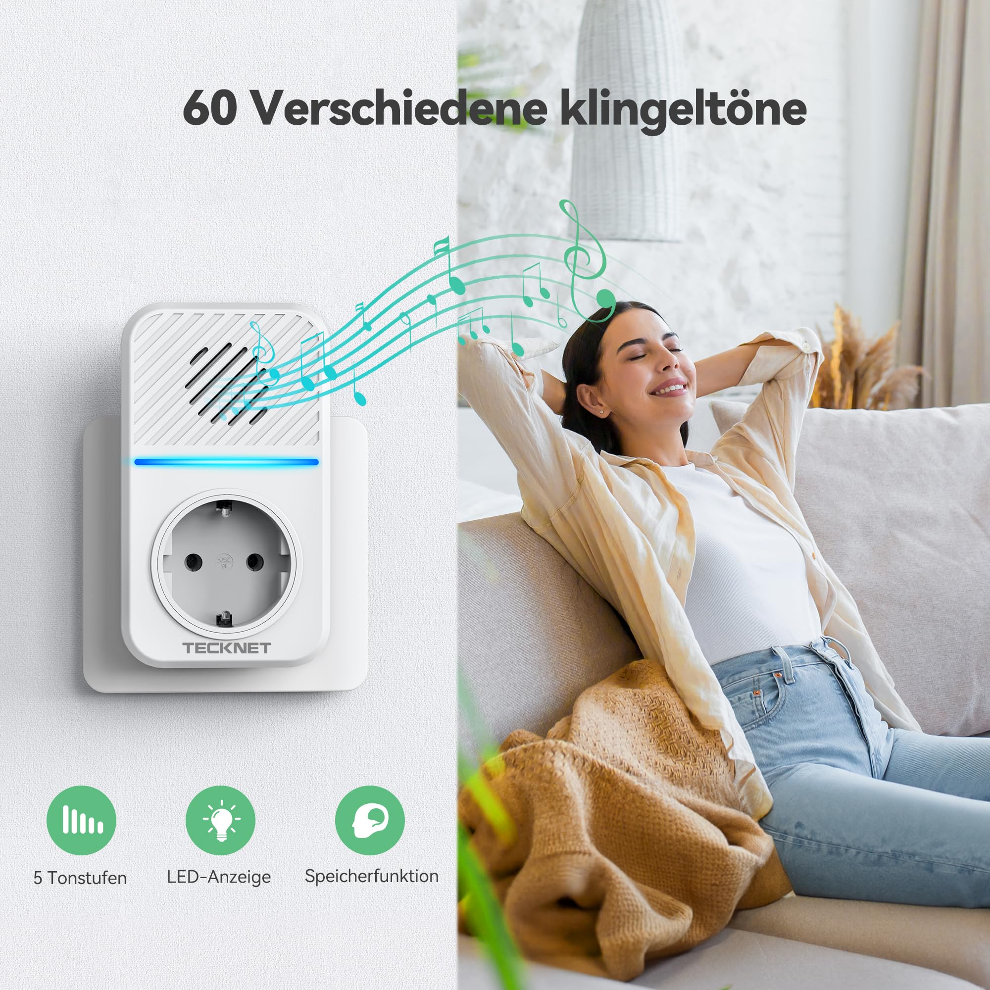 TECKNET Funkklingel Batterielose, Steckdosen Kabellose Türklingel, IP65 Wasserdicht Drahtloses Funk Türklingel mit 3 EU-Steckdose und 6 USB, 400m, 60 Laute Melodien, 5 Lautstärke Stufen, LED-Blinken