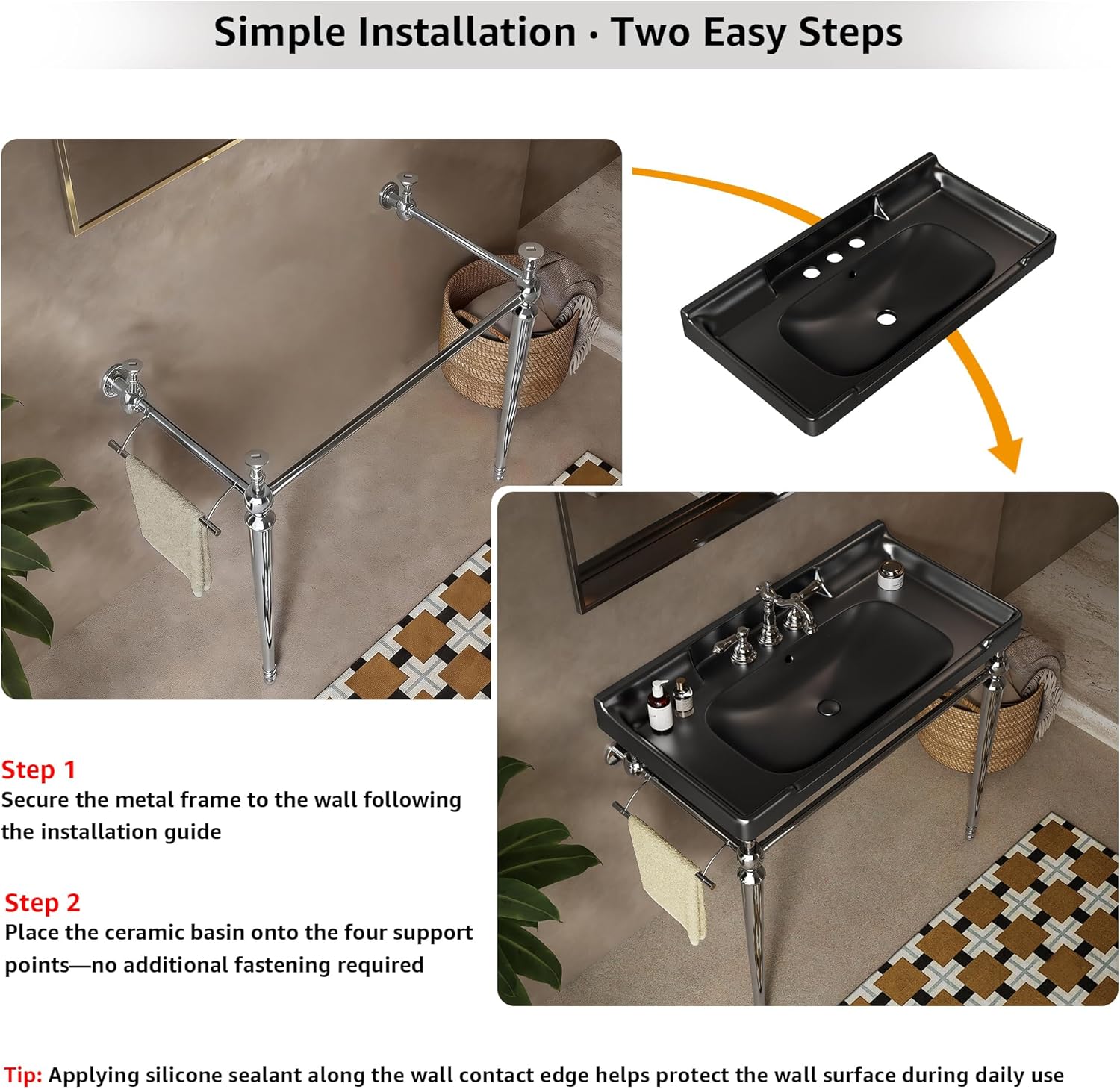28 Inch Console Bathroom Vanity with Ceramic Sink, Open-Frame Stainless Steel Legs with Towel Bar, 3 Faucet Holes, Wall-Mounted Support, No Faucet (Silver Frame | Black Sink)