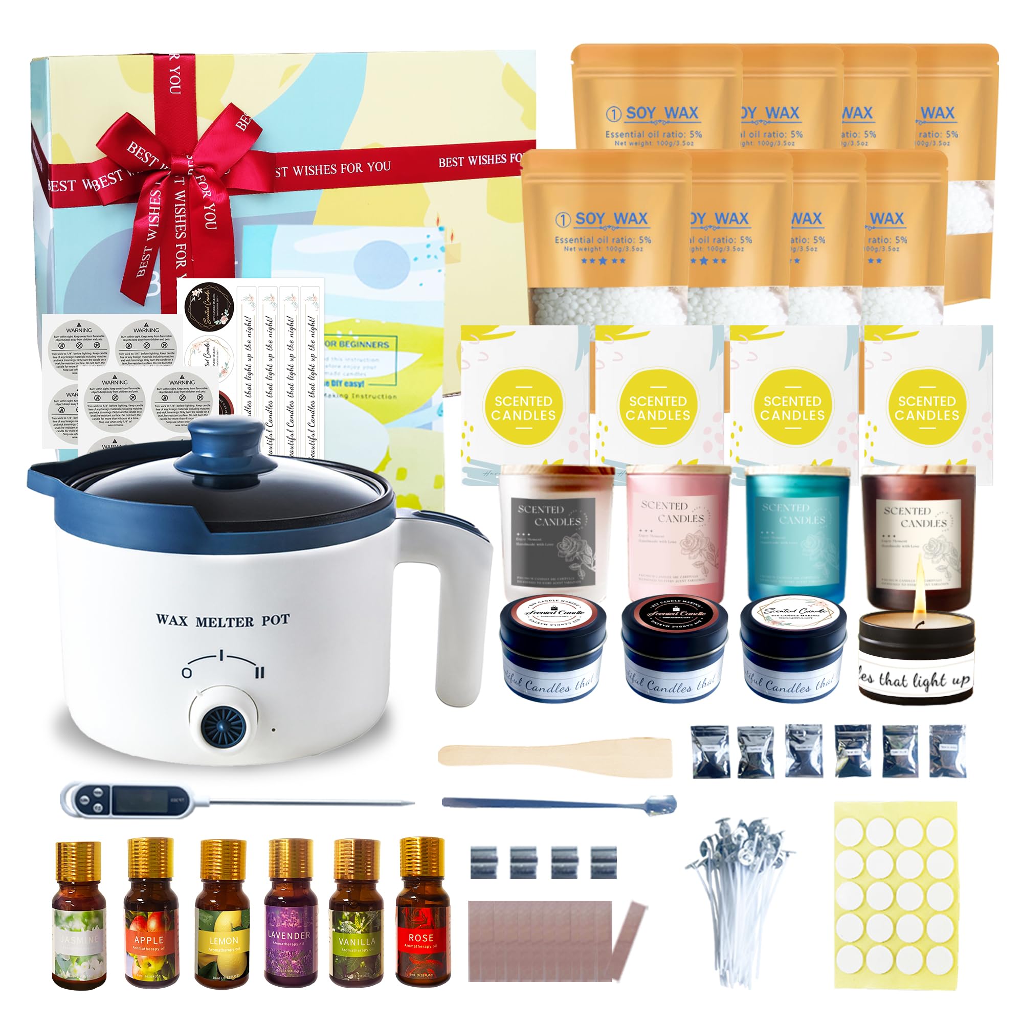 Kit para hacer velas KQU, kit de cera para velas caseras con frascos de vidrio para adultos, kit para hacer velas con fundidor de cera para manualidades artísticas.