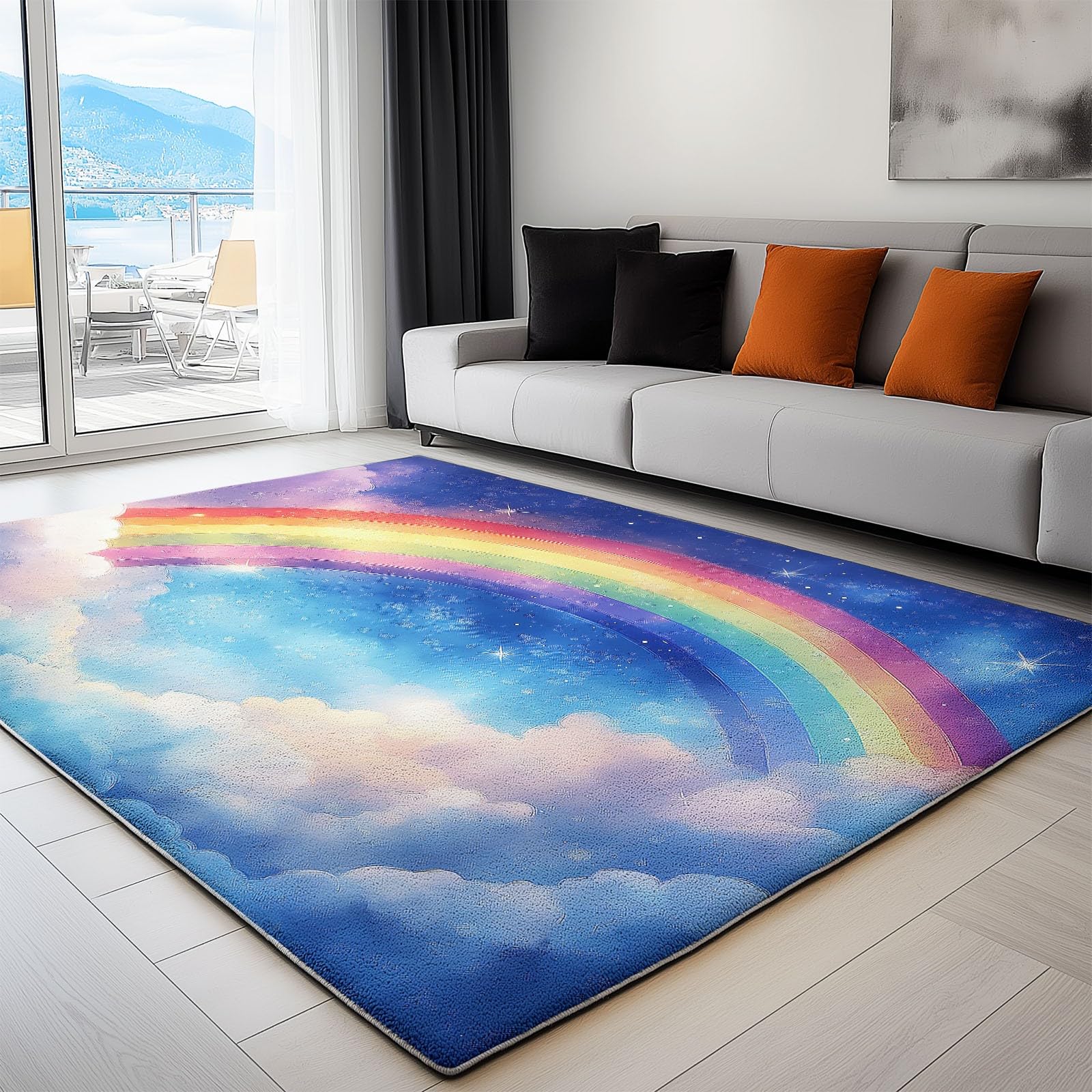 Teppich Wohnzimmer Cartoon Wolken Sterne, Bunt Weicher Kurzflor Teppich für Schlafzimmer Kinderzimmer Flur – rutschfest Pflegeleicht, Moderner Teppich für Zuhause, 80 x 150 cm
