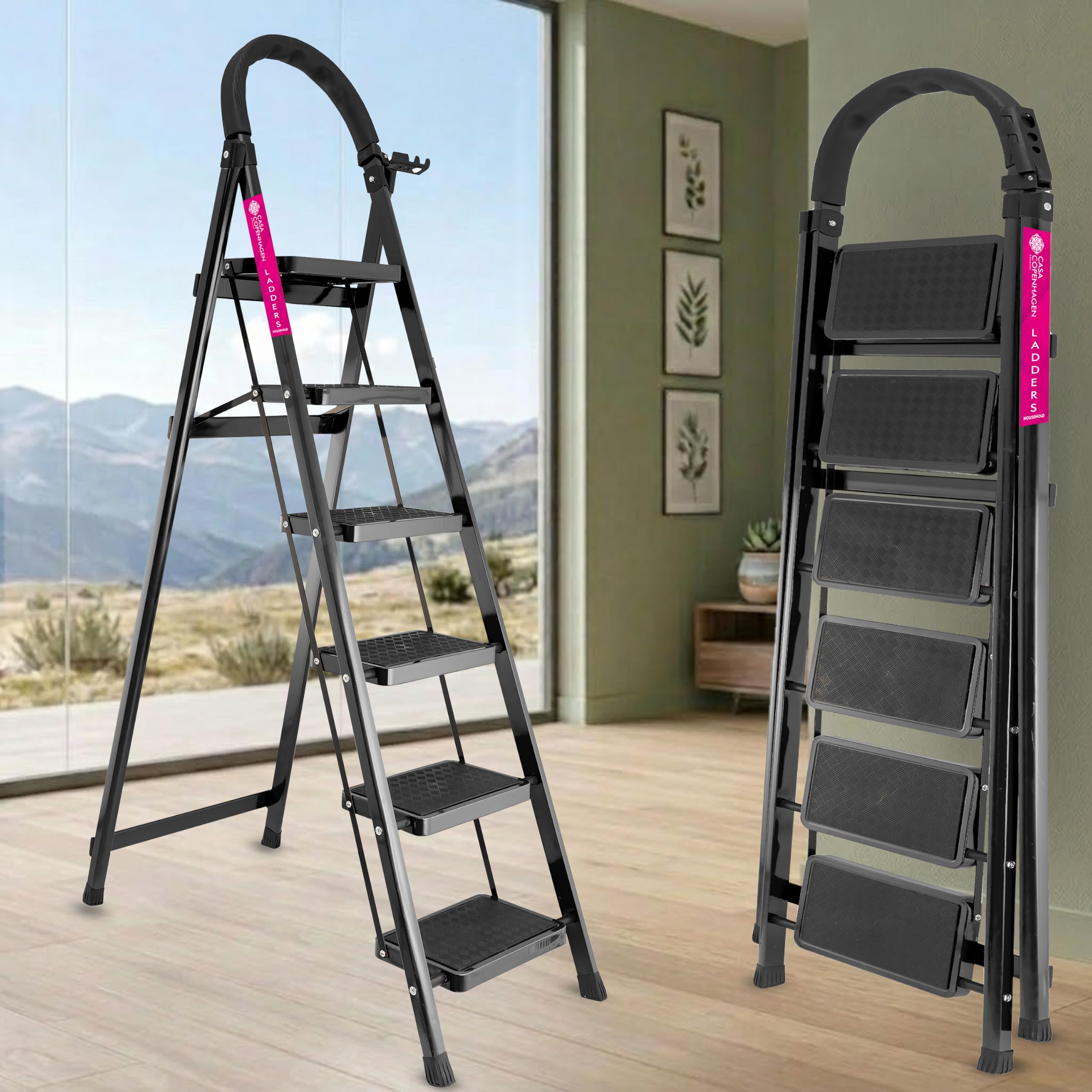 Casa Copenhagen Black 6 Step Ladder for Home Use with Built-in Tool Tray | Heavy Duty D Shape Rods | Ultra Large Platform | Wide Rubber Feet | 150Kg Capacity Foldable Ladder - 7 Years Warranty-image-5