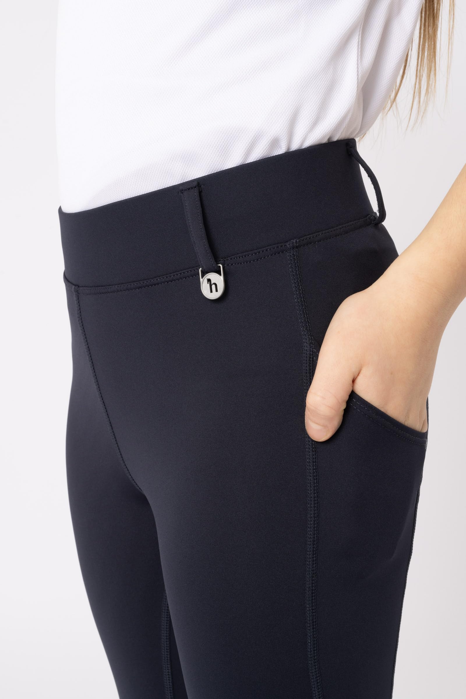 HORZE Kinder Reitleggings DEA, Reithose Mädchen, Gürtelschlaufen, Vollbesatz, Handytasche, Blau, 134/140