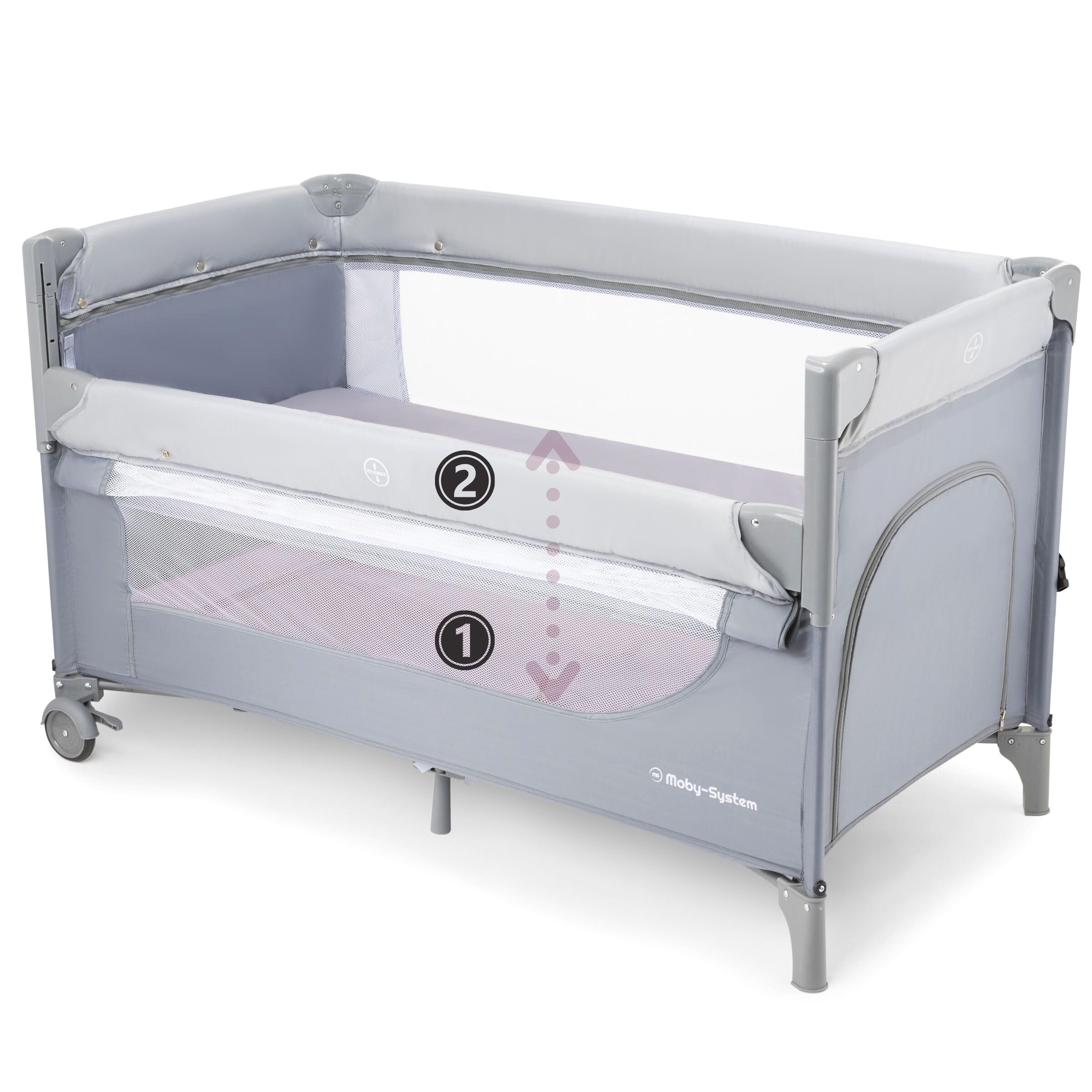 Moby-System Closely 3in1 Beistellbett Baby - Reisebett Baby mit Wickelauflage, Matratze, Transporttasche - Höhenverstellbares Beistellbett, Laufstall (6 Teile)